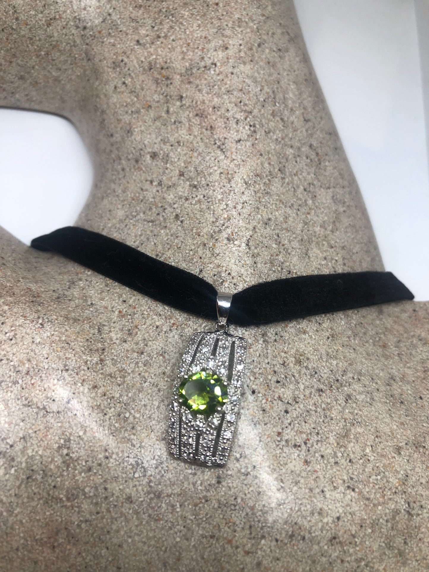 Vintage Peridot Choker 925 Sterling Silver Deco Pendant
