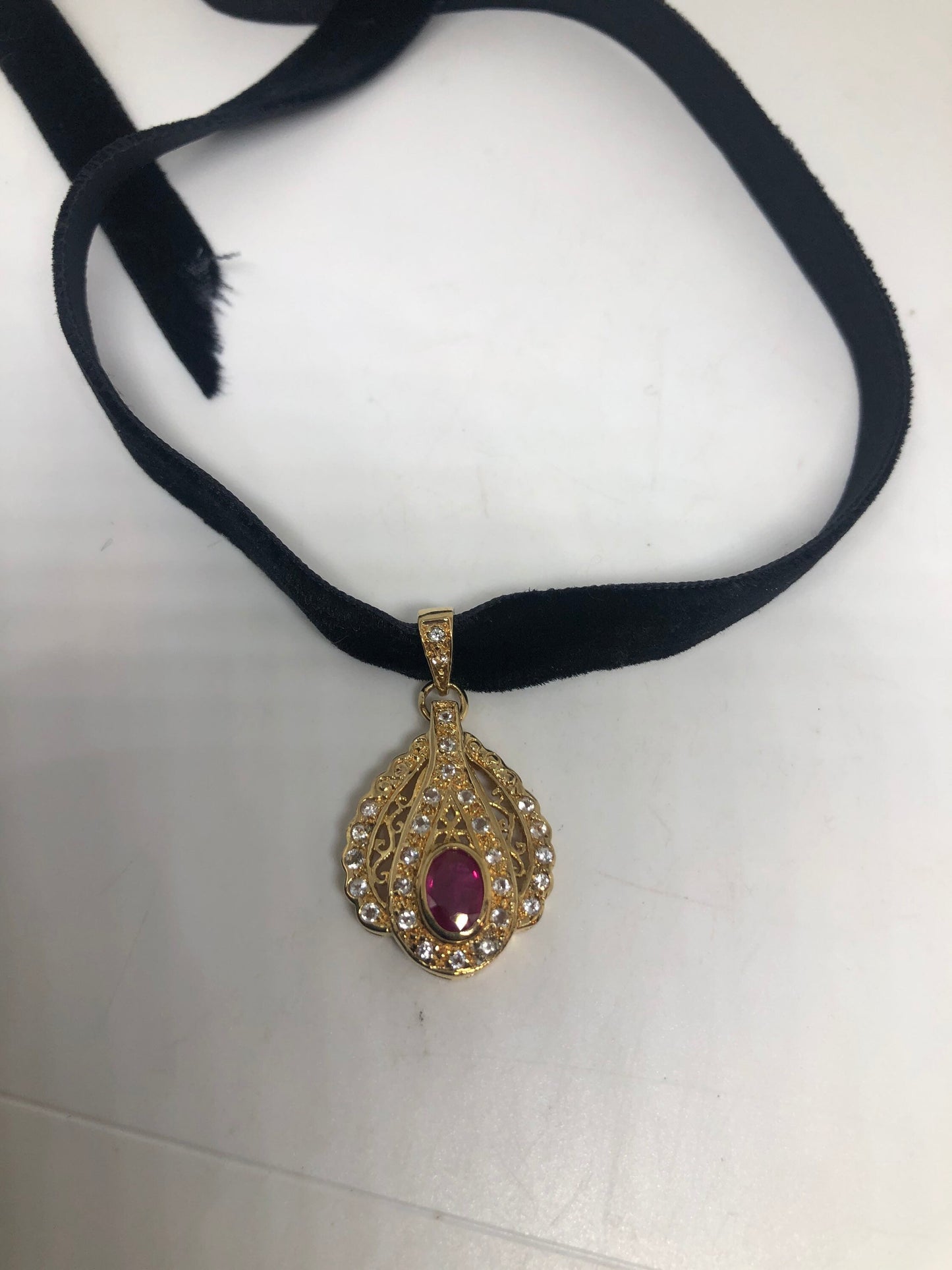 Vintage Ruby Choker 925 Sterling Silver Gold Rhodium Pendant Necklace