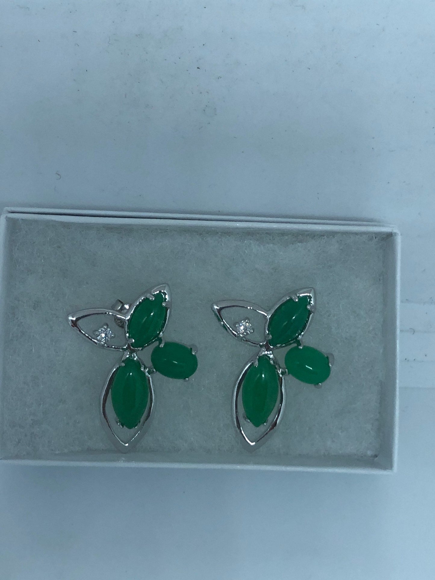 Vintage Fun Green Jade Gemstone Silver Bronze Stud Earrings