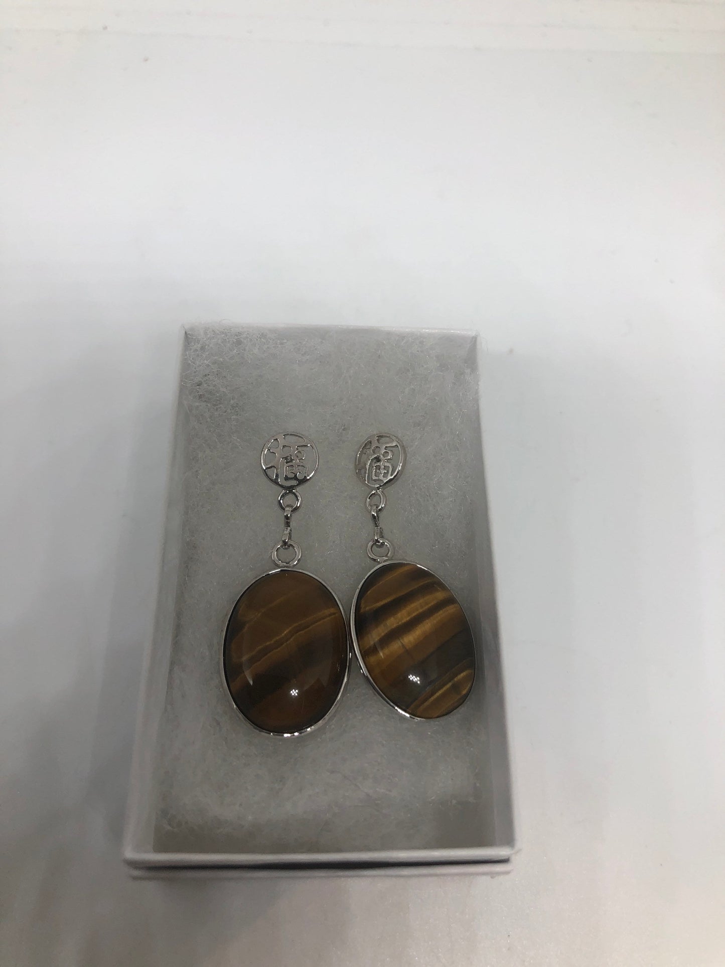 Antique Vintage Golden Tigers Eye Silver Dangle Earrings