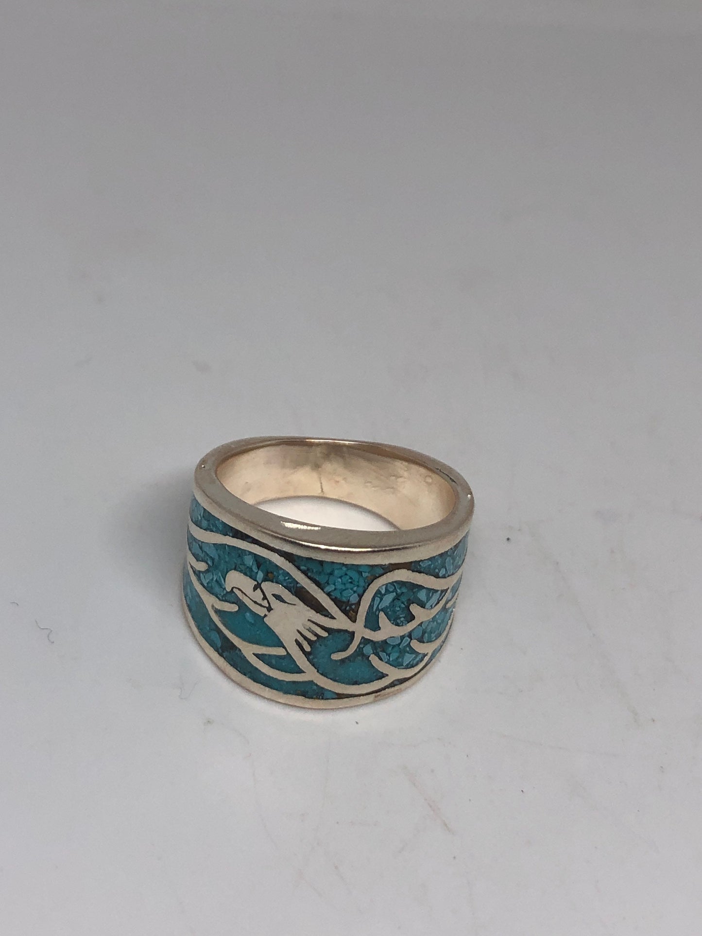 Vintage Native American Style Southwestern Turquoise Stone Inlay Mens Hawk Ring