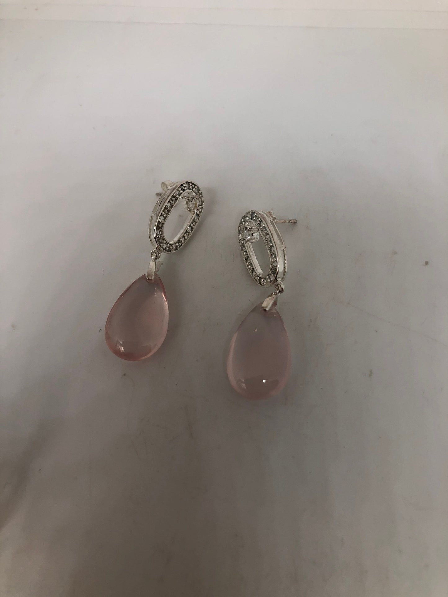 Vintage Genuine White Sapphire Rose Quartz 925 Sterling Silver Dangle Earrings