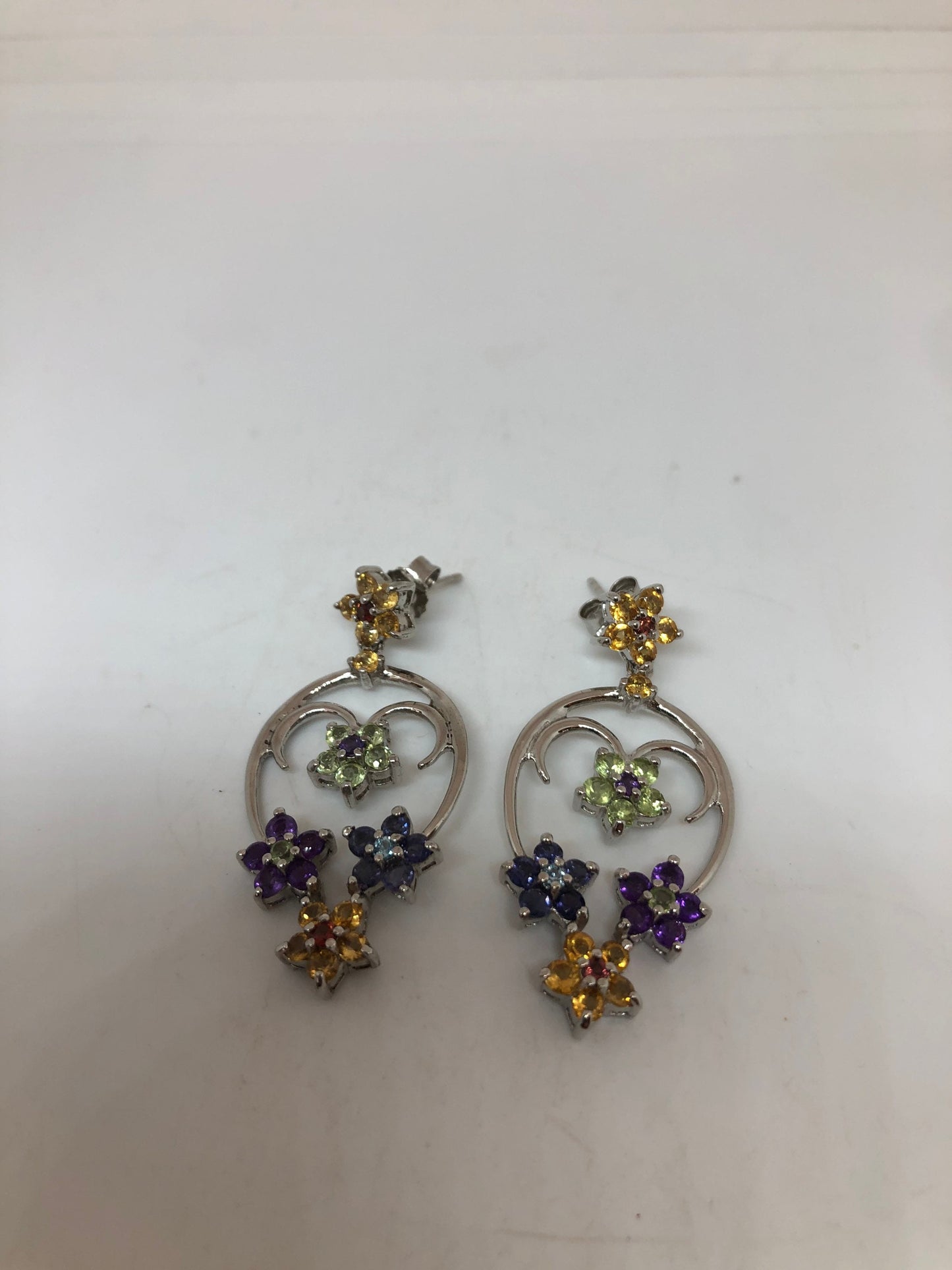 Vintage Mixed Genuine Gemstone Filigree 925 Sterling Silver Dangle button Earrings