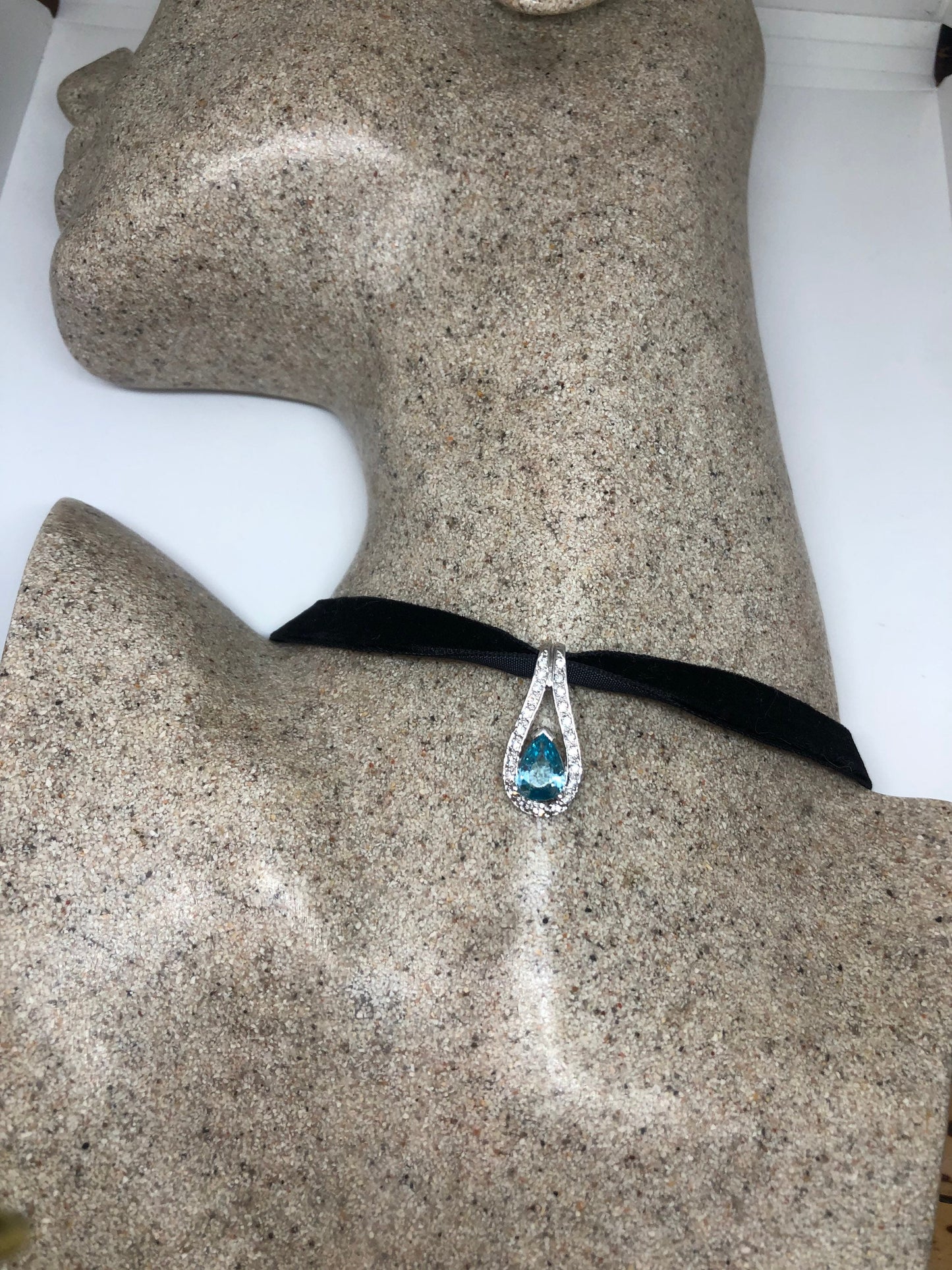 Vintage Blue Topaz Choker 925 Sterling Silver Necklace Pendant