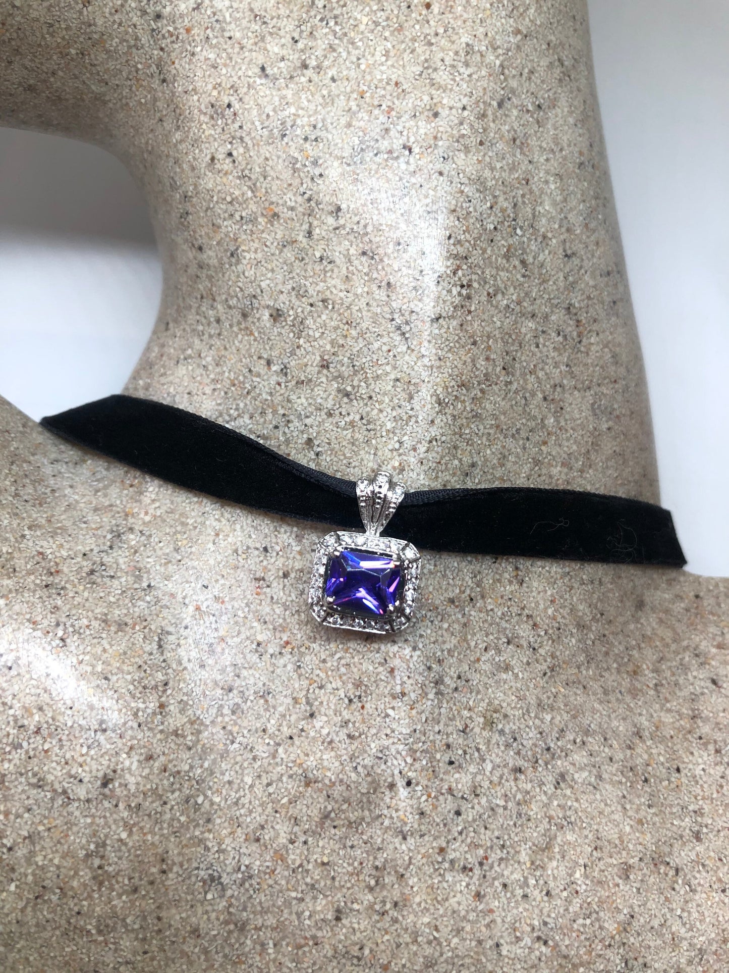 Vintage Purple Amethyst Choker 925 Sterling Silver Pendant
