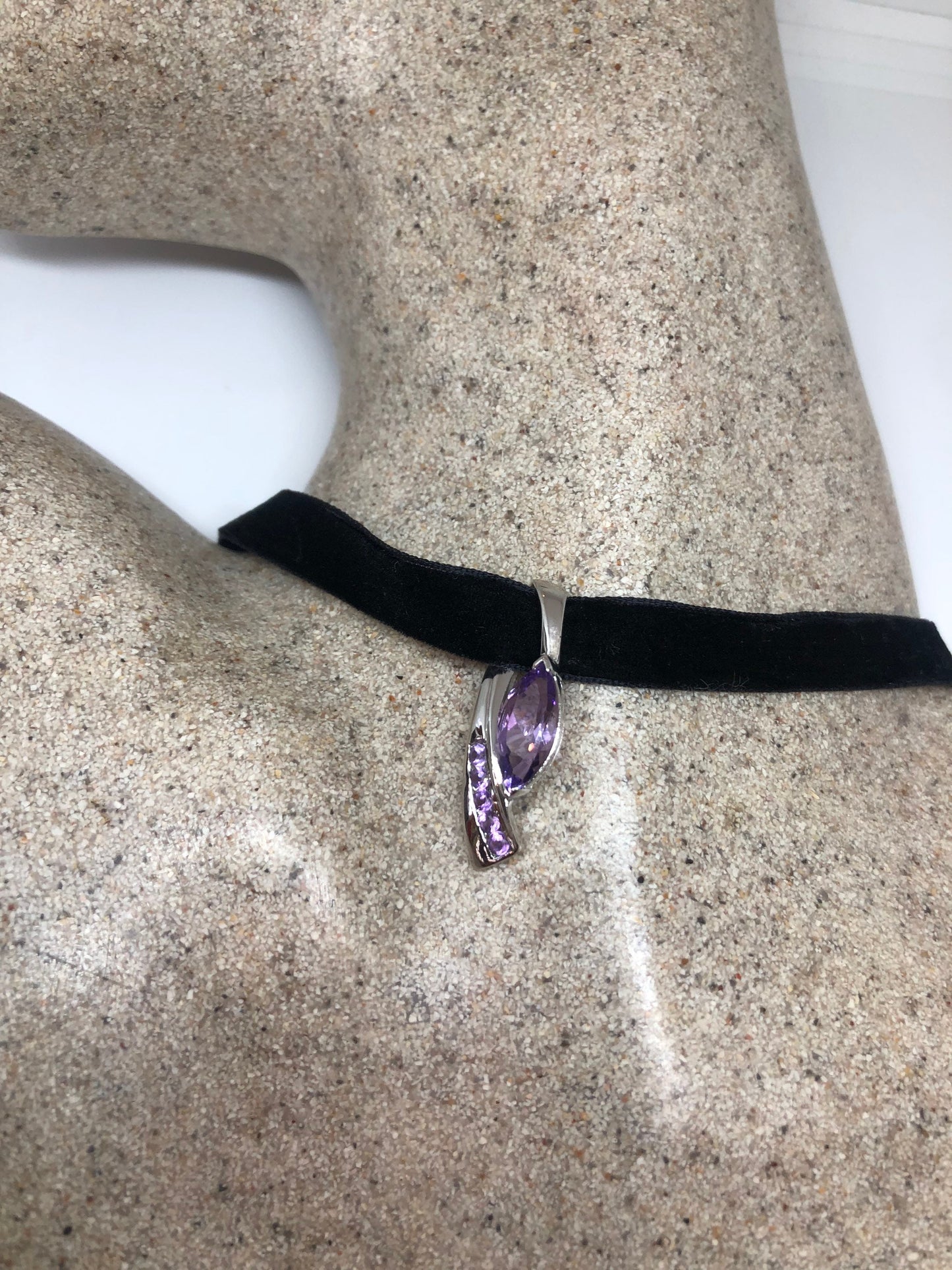Vintage Purple Amethyst Choker 925 Sterling Silver Pendant