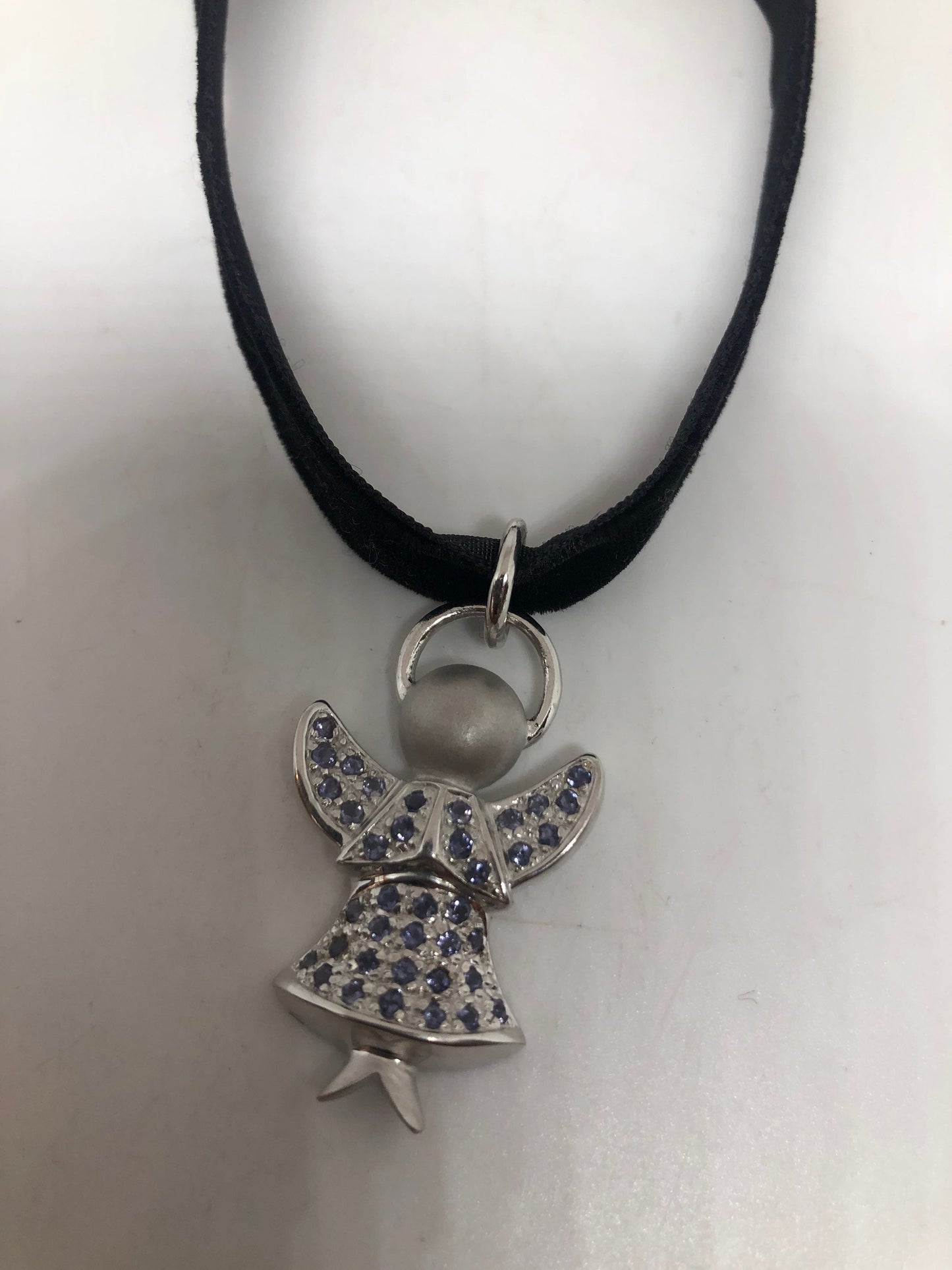 Vintage Pale Blue Genuine Iolite Antique 925 Sterling Silver Guardian Angle Necklace