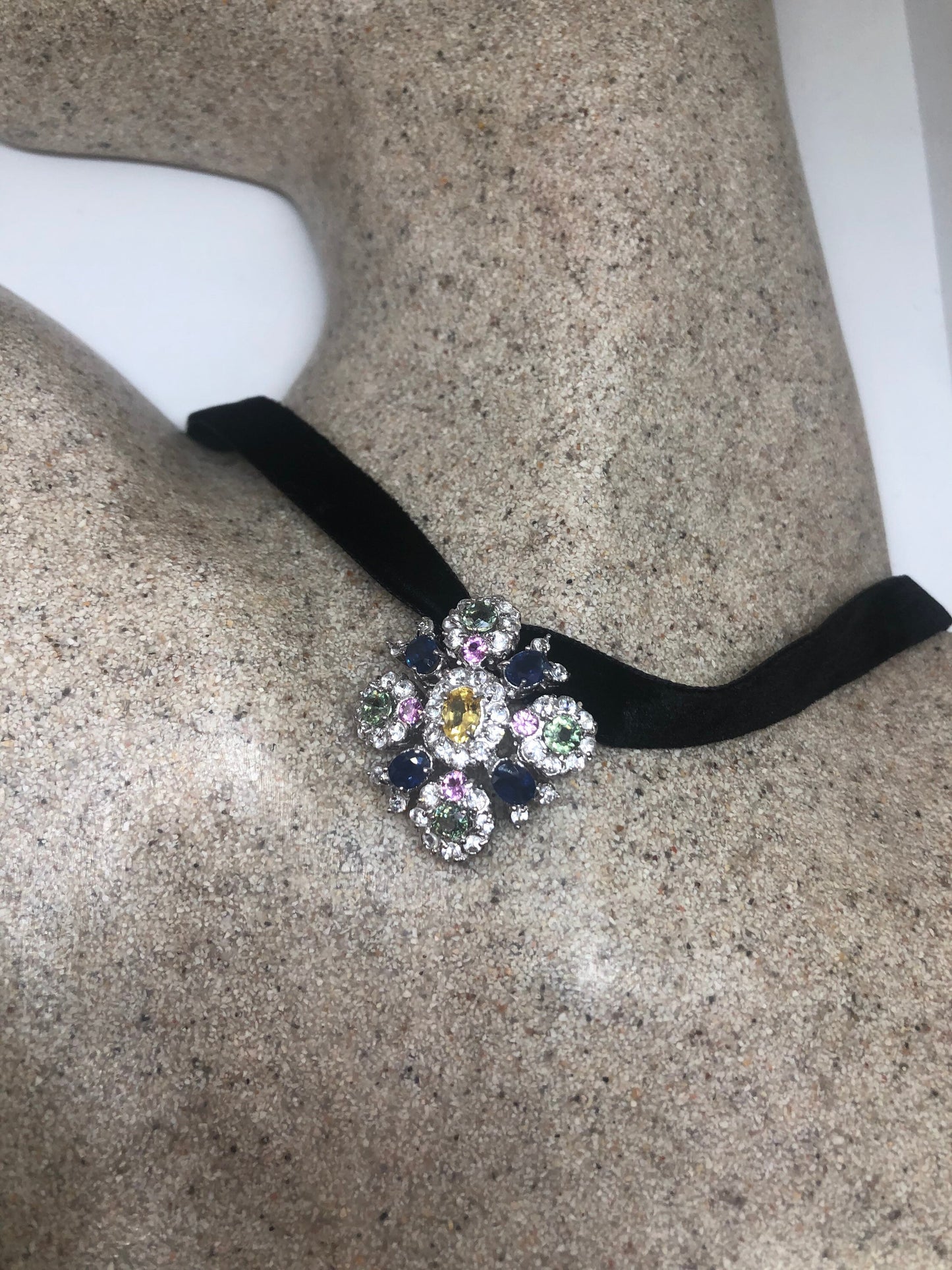 Vintage Tourmaline Choker 925 Sterling Silver Mixed Gemstone Antique Pendant Necklace