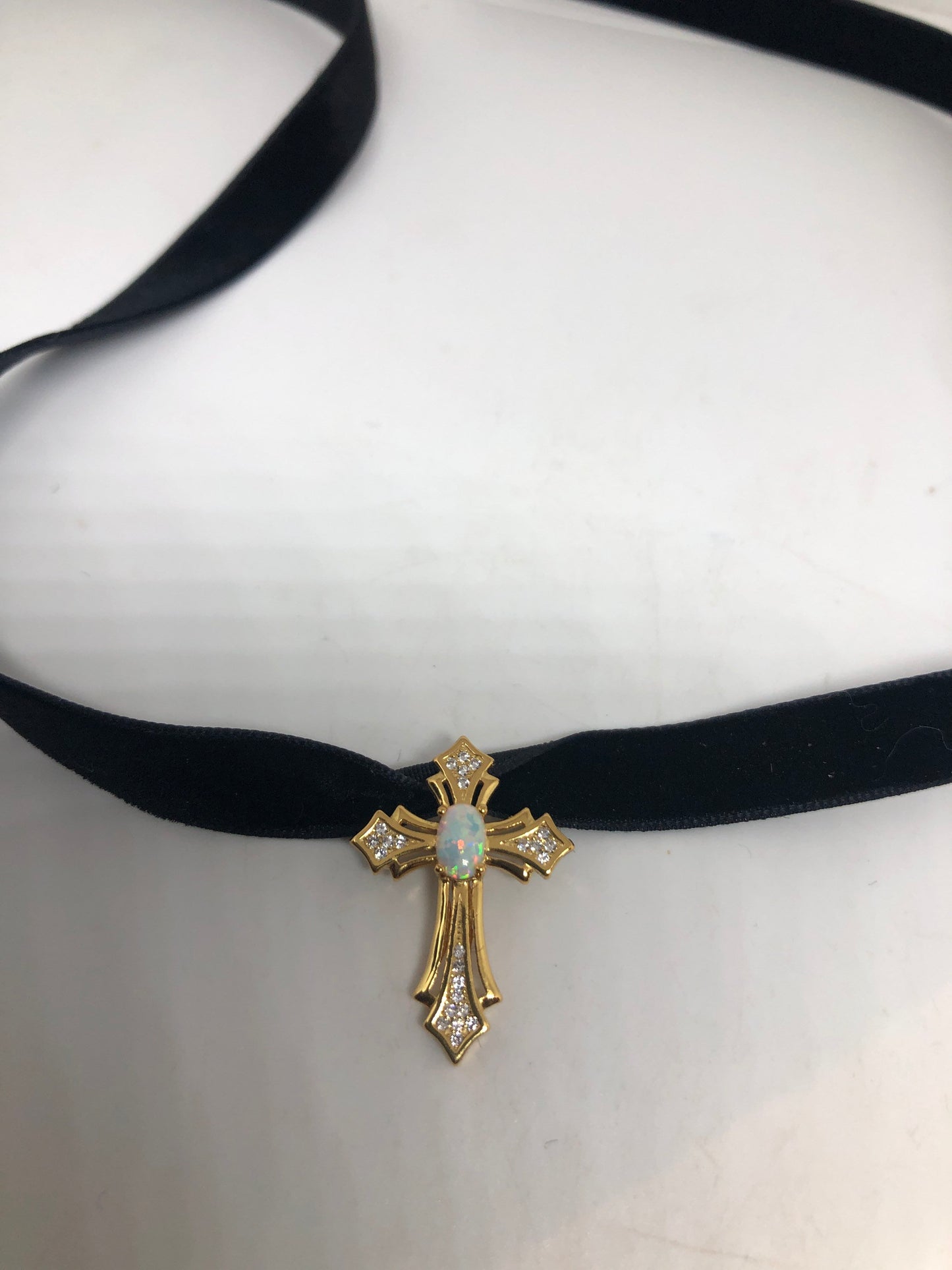 Vintage White Opal Cross Choker Golden 925 Sterling Silver Pendant Necklace