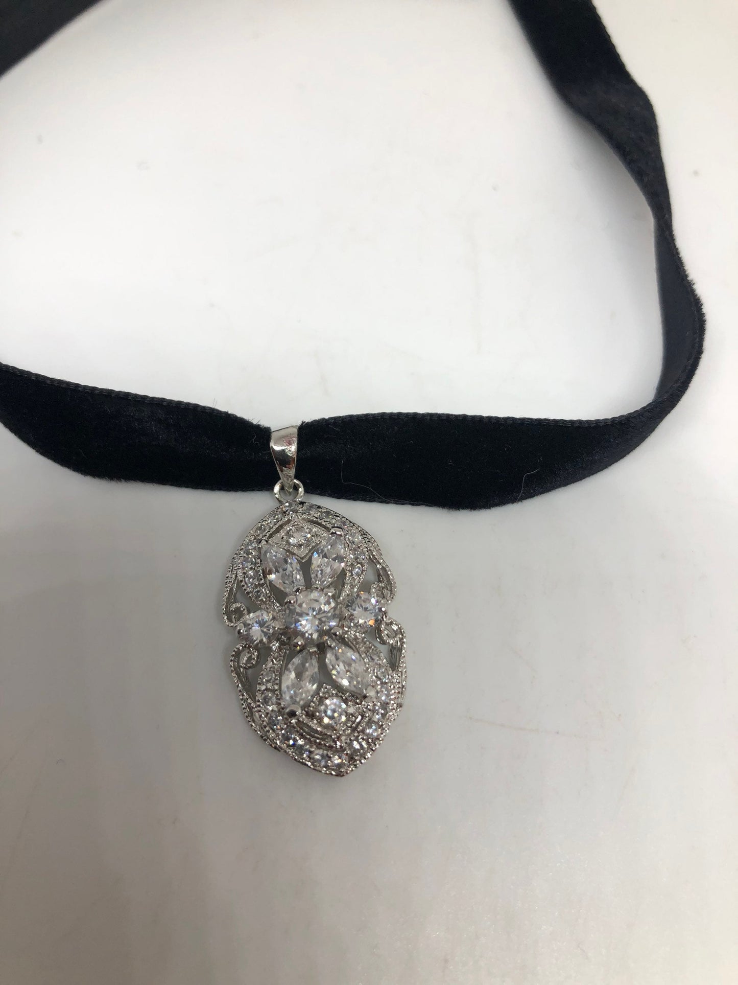Vintage White Sapphire Choker 925 Sterling Silver Deco Pendant Necklace