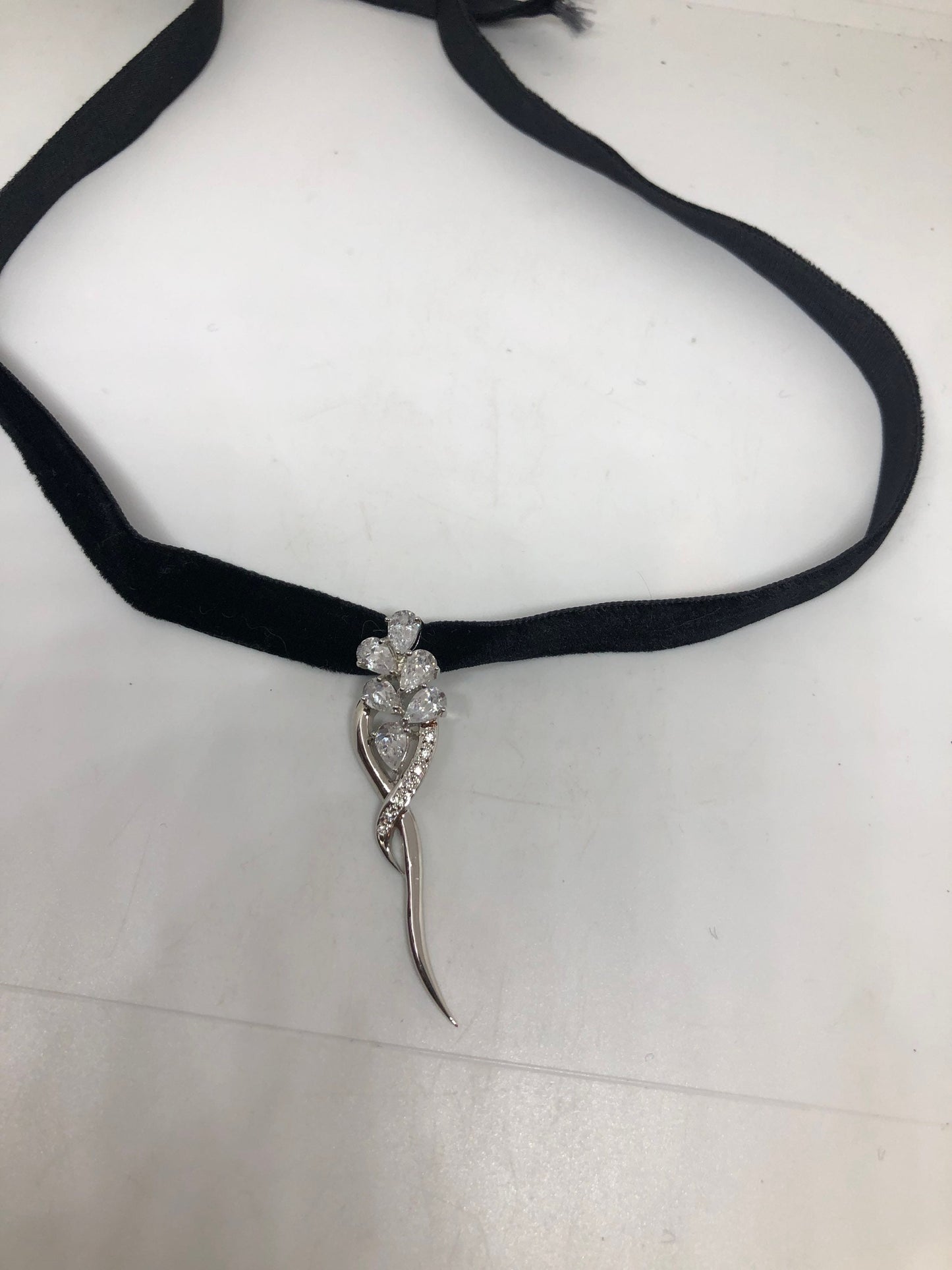 Vintage White Sapphire Choker 925 Sterling Silver Deco Pendant Necklace