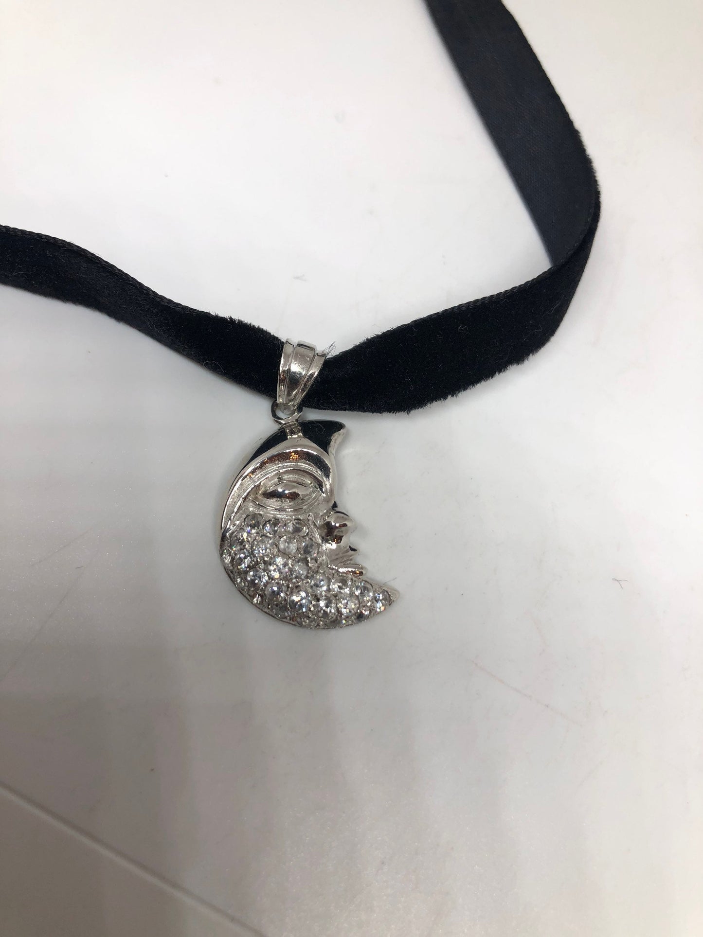Vintage White Sapphire moon Choker 925 Sterling Silver Deco Pendant Necklace
