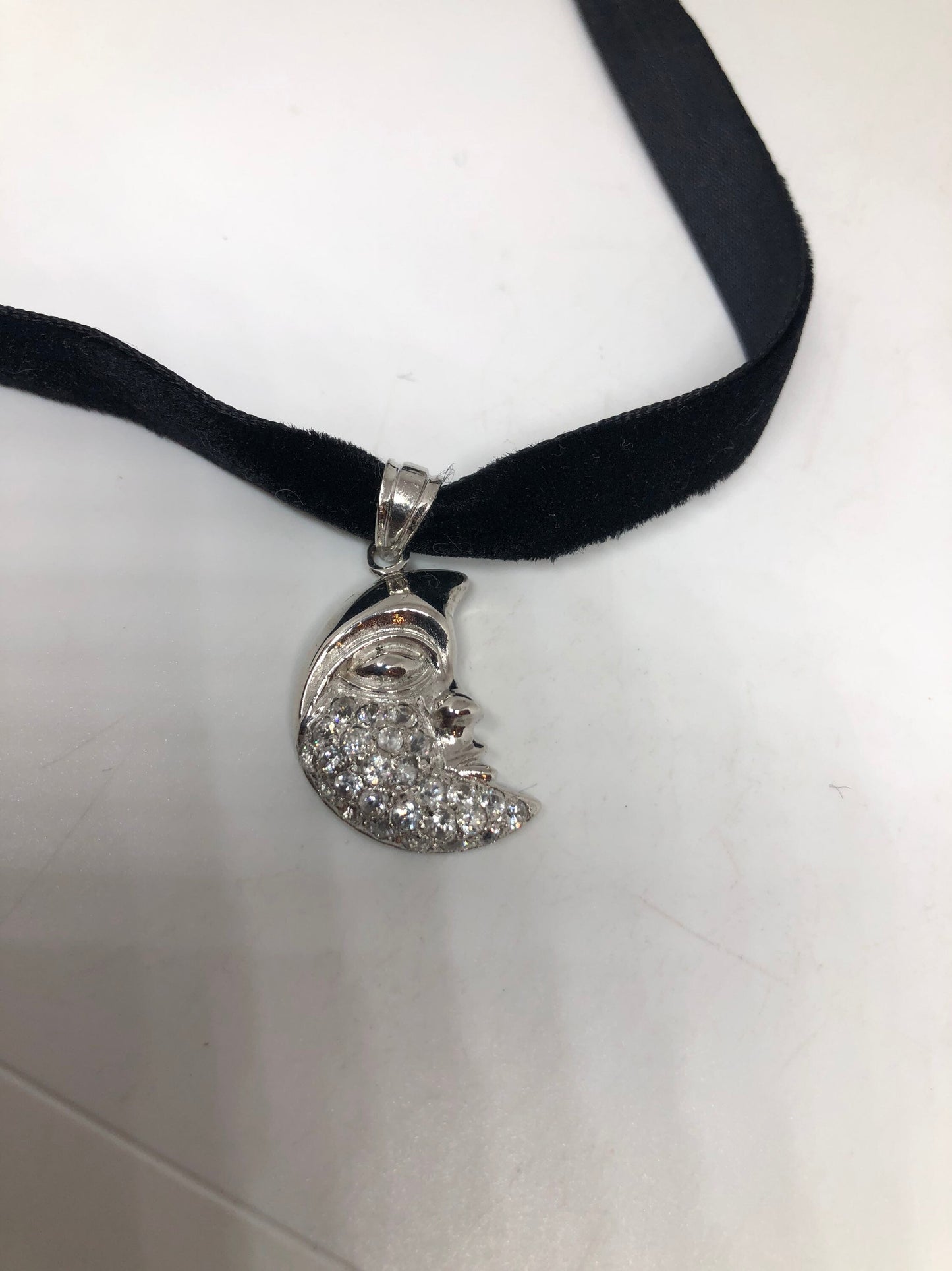 Vintage White Sapphire moon Choker 925 Sterling Silver Deco Pendant Necklace