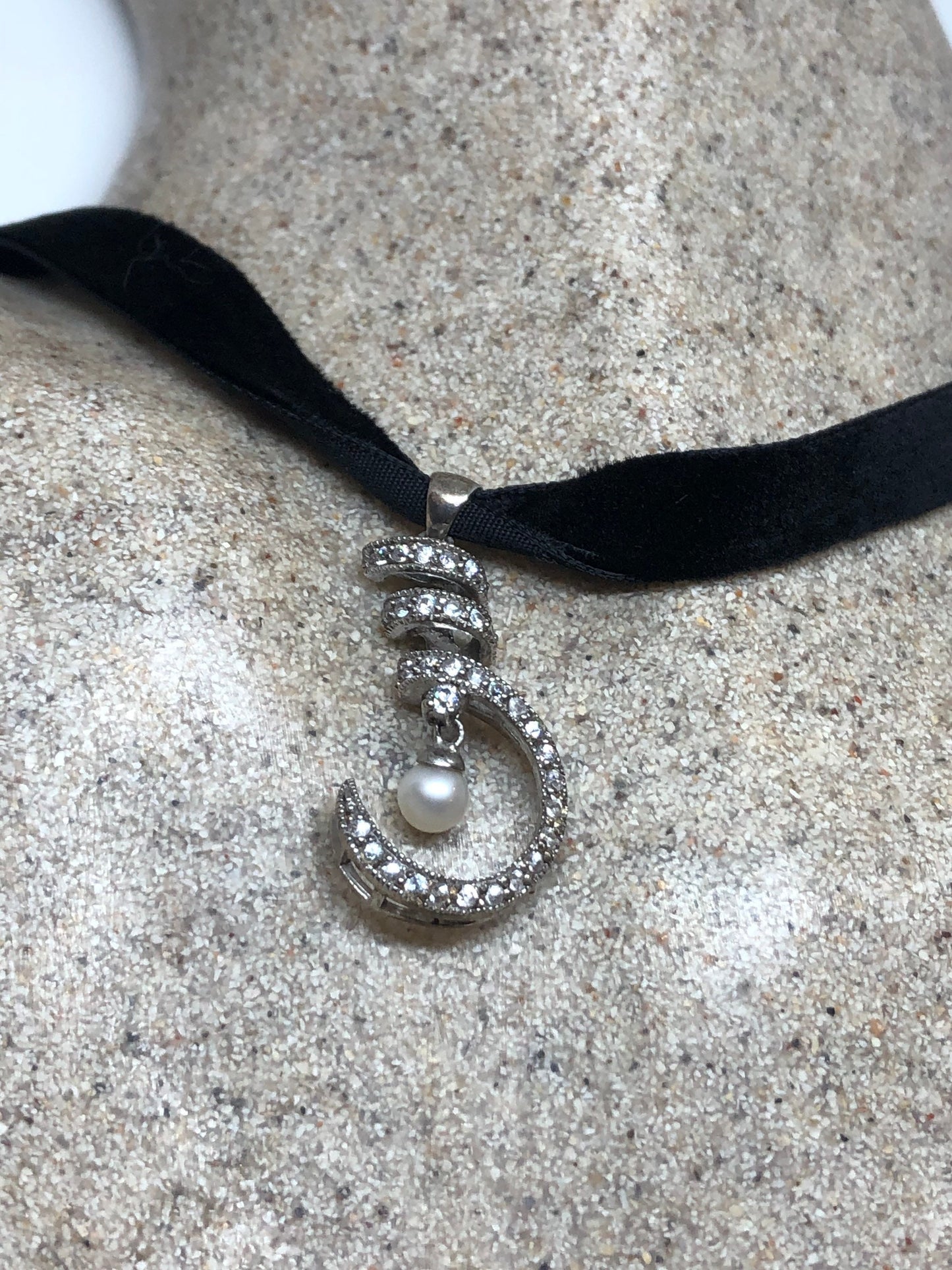 Vintage White Sapphire Pearl Choker 925 Sterling Silver Deco Pendant Necklace