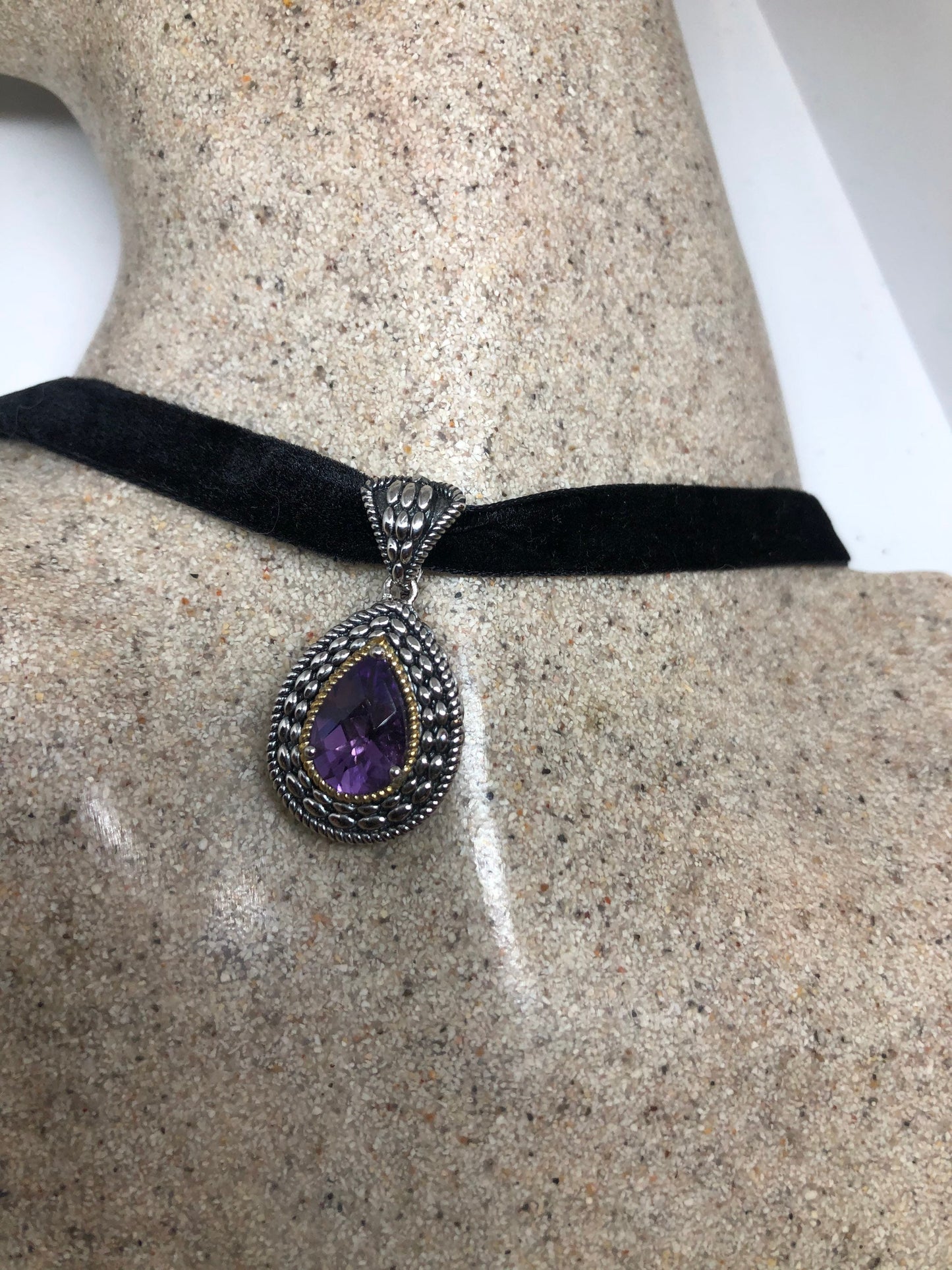 Vintage Purple Amethyst Choker 925 Sterling Silver Pendant