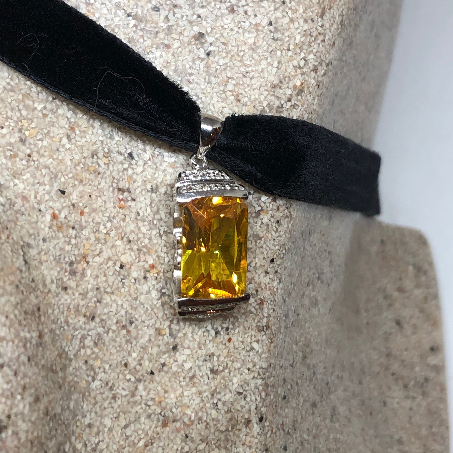 Vintage Golden Citrine CZ White Sapphire Pendant 925 Sterling Silver Choker Necklace