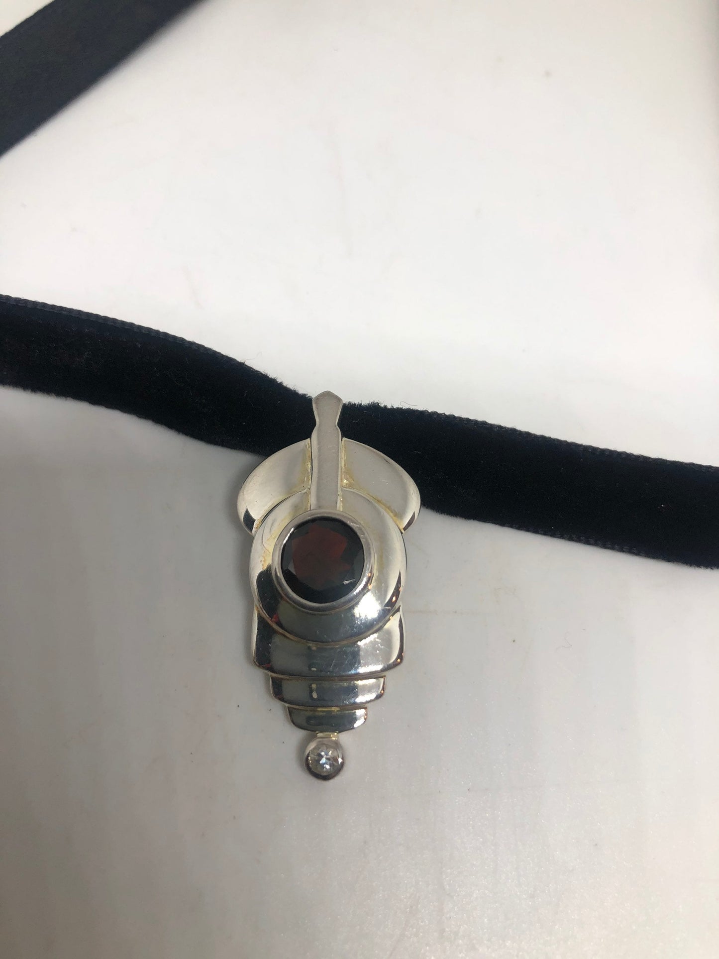 Vintage Bohemian Garnet Deco Choker 925 Sterling Silver Pendant Necklace