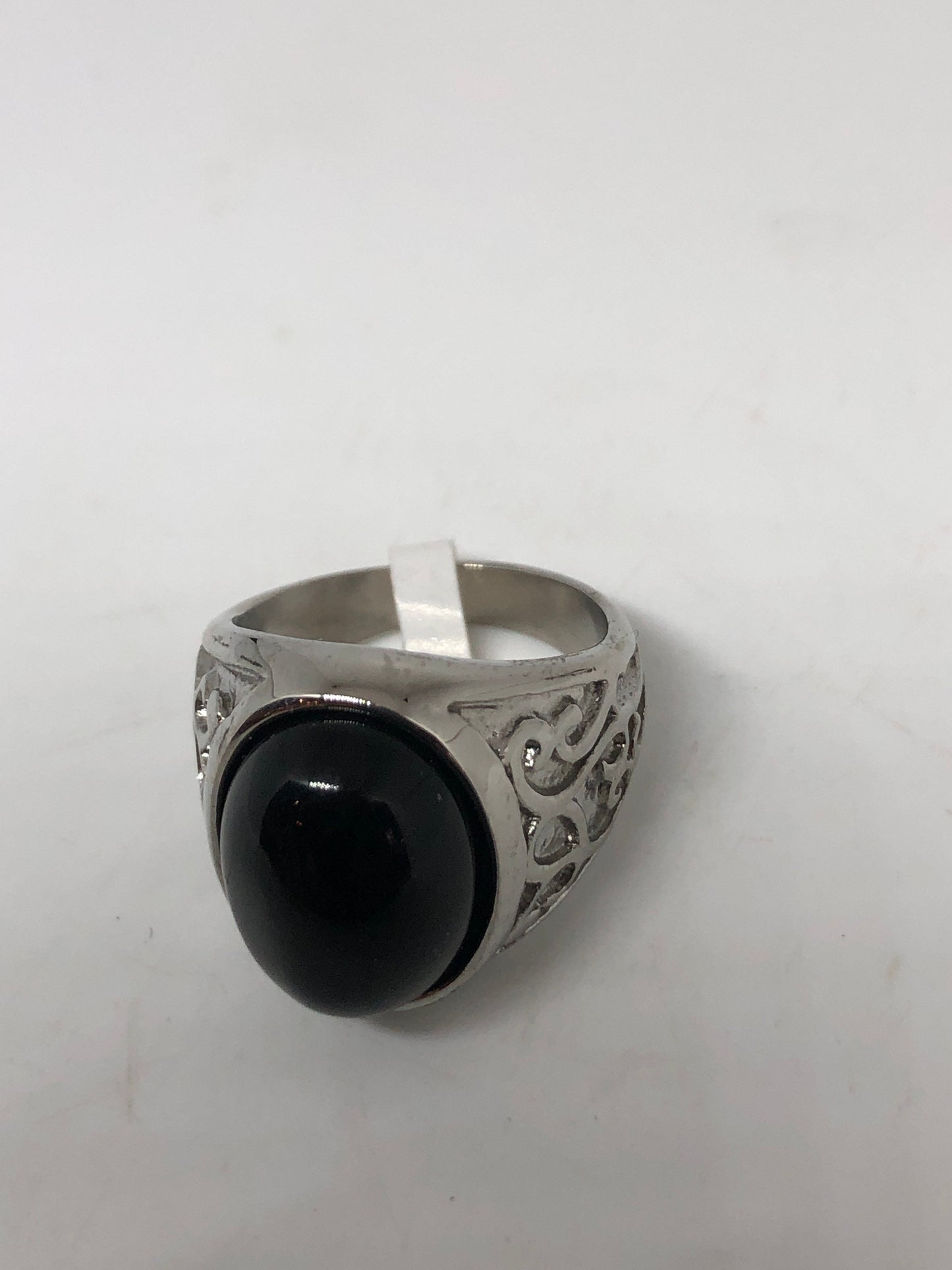 Vintage Gothic Black Onyx Egyptian Stainless Steel Mens Ring