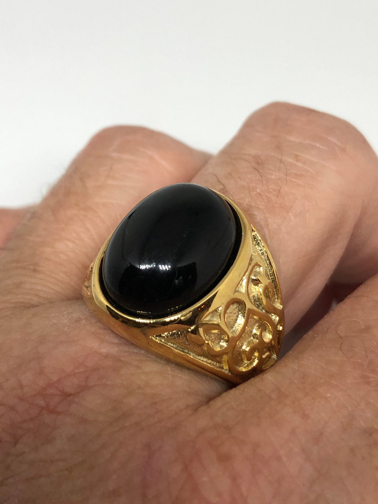Vintage Gothic Black Onyx Egyptian Golden Stainless Steel Mens Ring