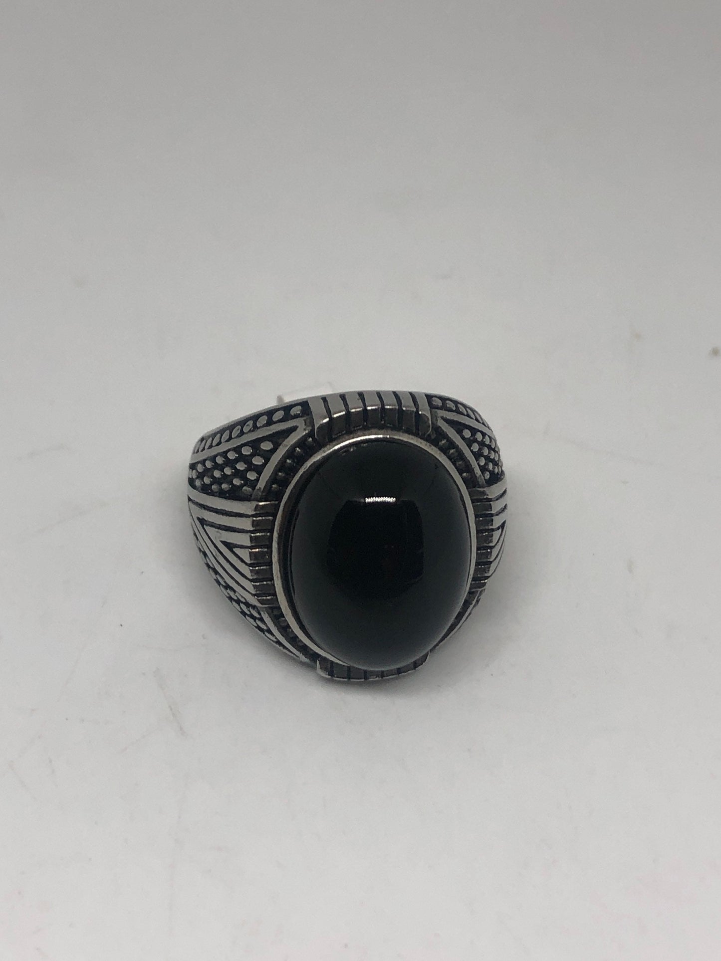 Vintage Gothic Black Onyx Egyptian Stainless Steel Mens Ring