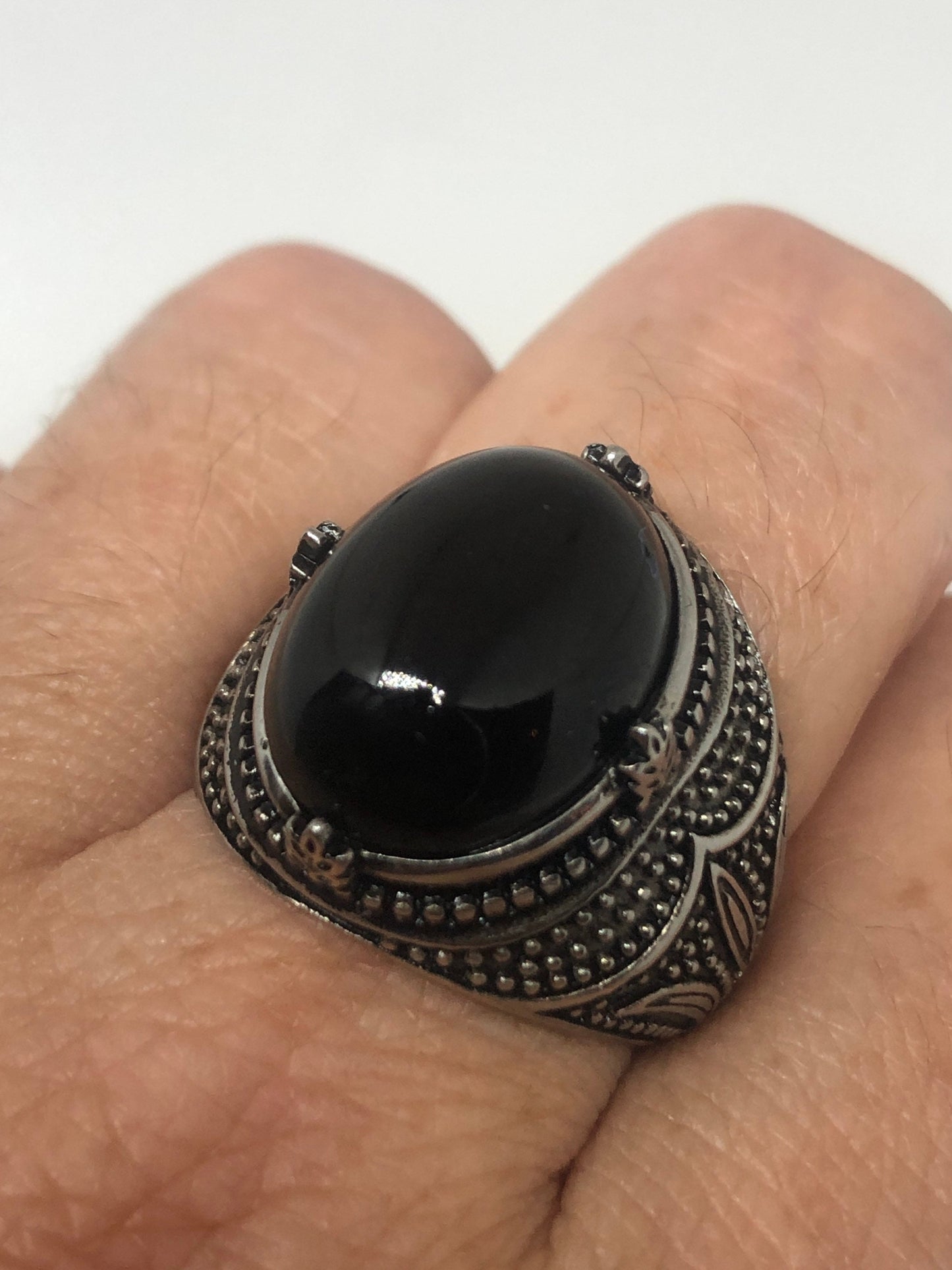 Vintage Gothic Black Onyx Egyptian Stainless Steel Mens Ring