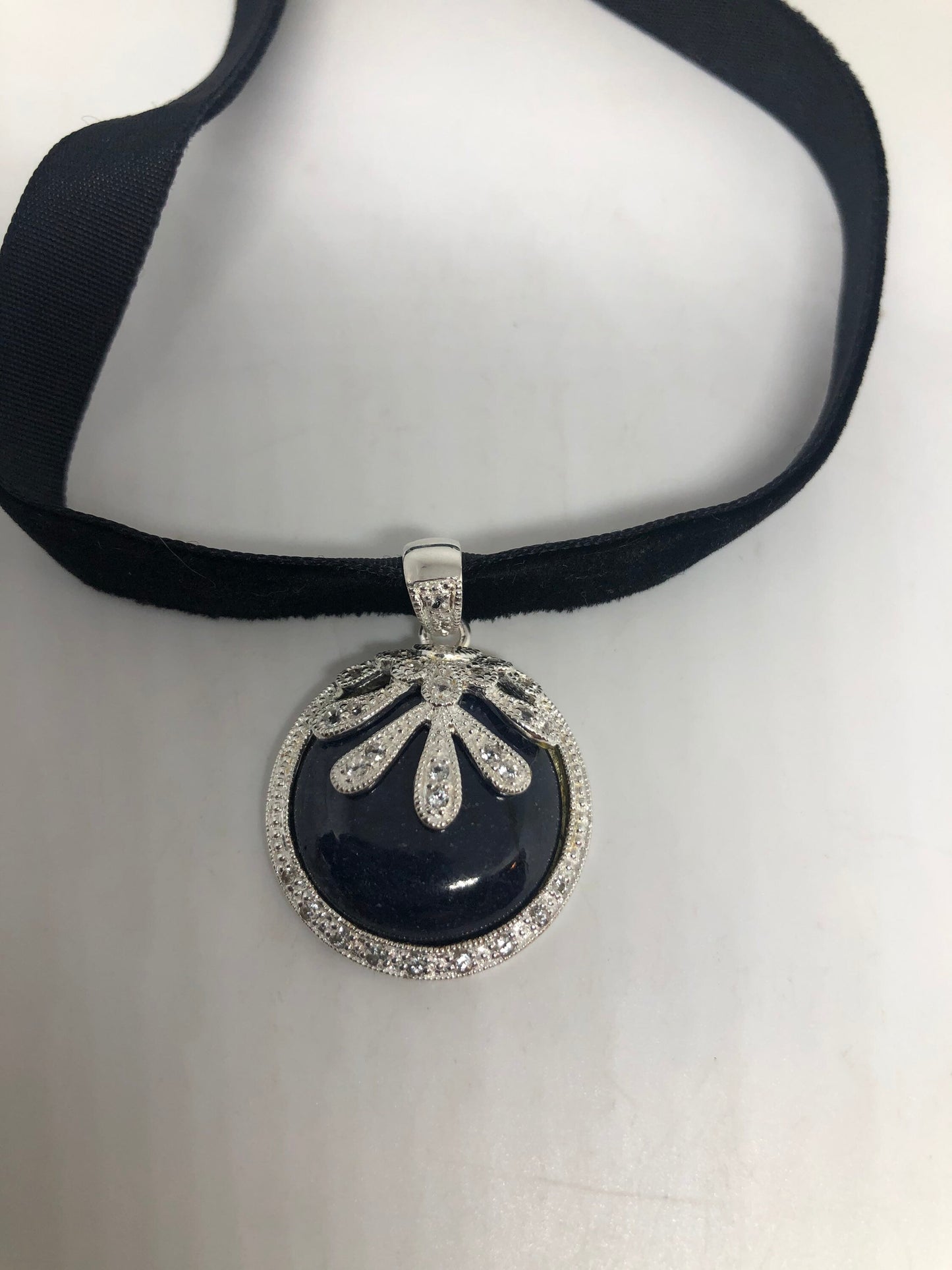 Vintage Black Onyx Choker White Sapphire 925 Sterling Silver Pendant Necklace