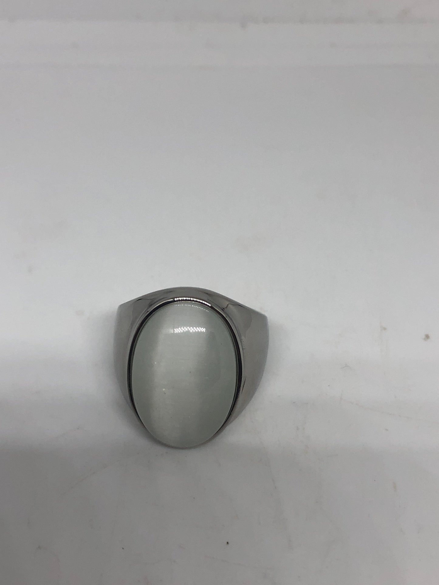 Vintage White Cats Eye Glass Mens Ring Stainless Steel