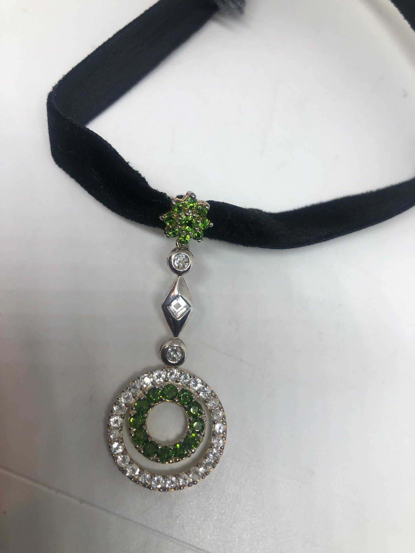 Vintage Green Choker Deco Chrome Diopside 925 Sterling Silver Pendant Necklace