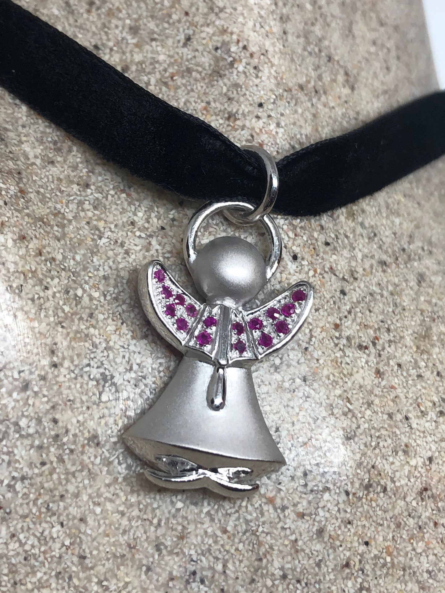 Vintage Ruby Angel Choker 925 Sterling Silver Pendant Necklace