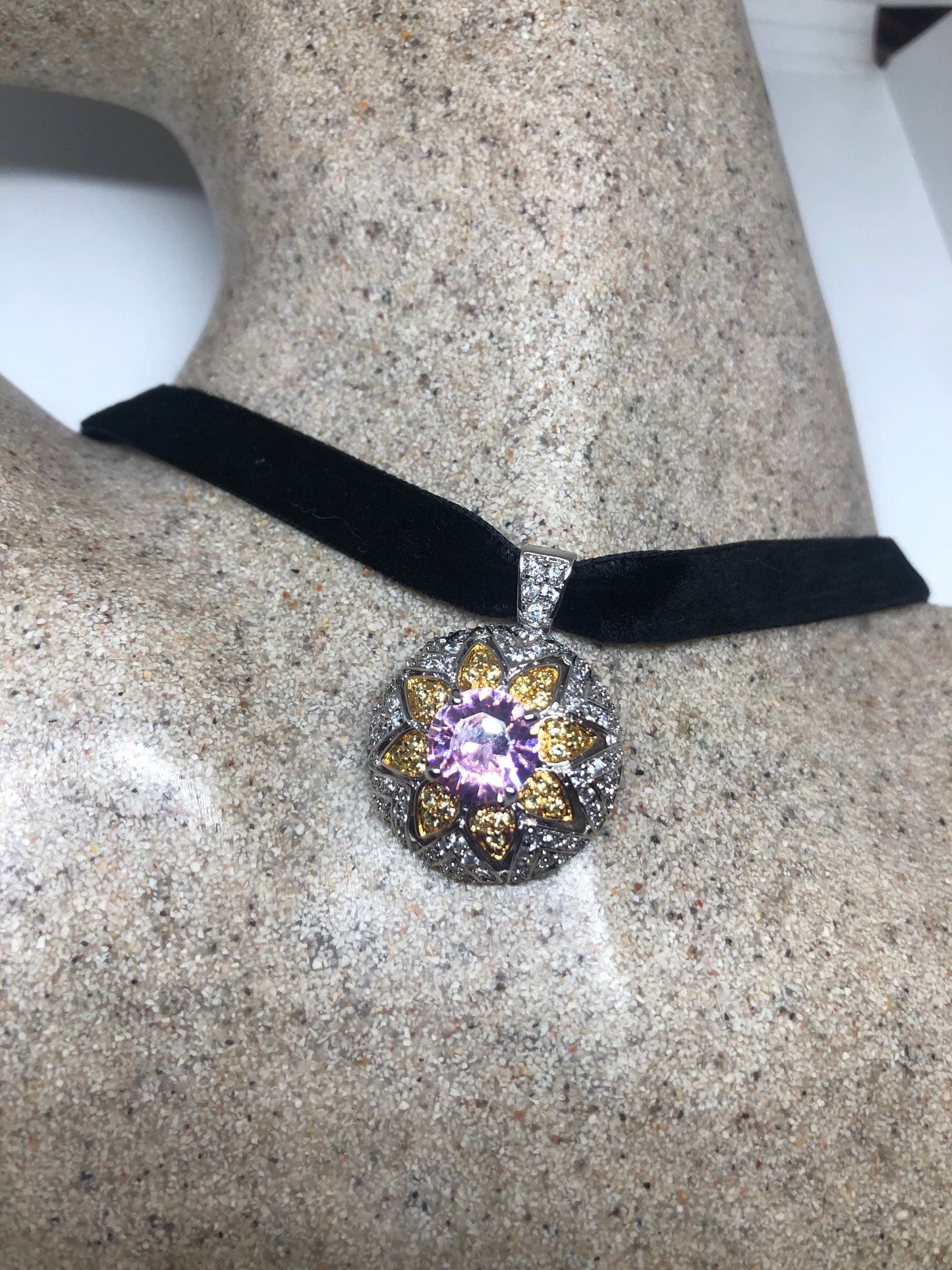 Vintage Pink CZ Choker Sterling Silver Citrine Pendant Necklace