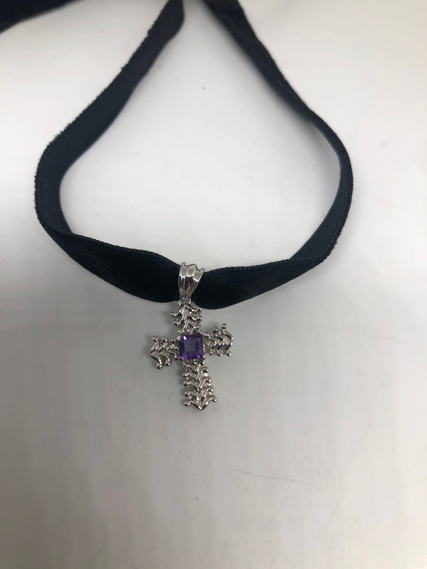 Vintage Purple Amethyst Cross Choker 925 Sterling Silver Pendant