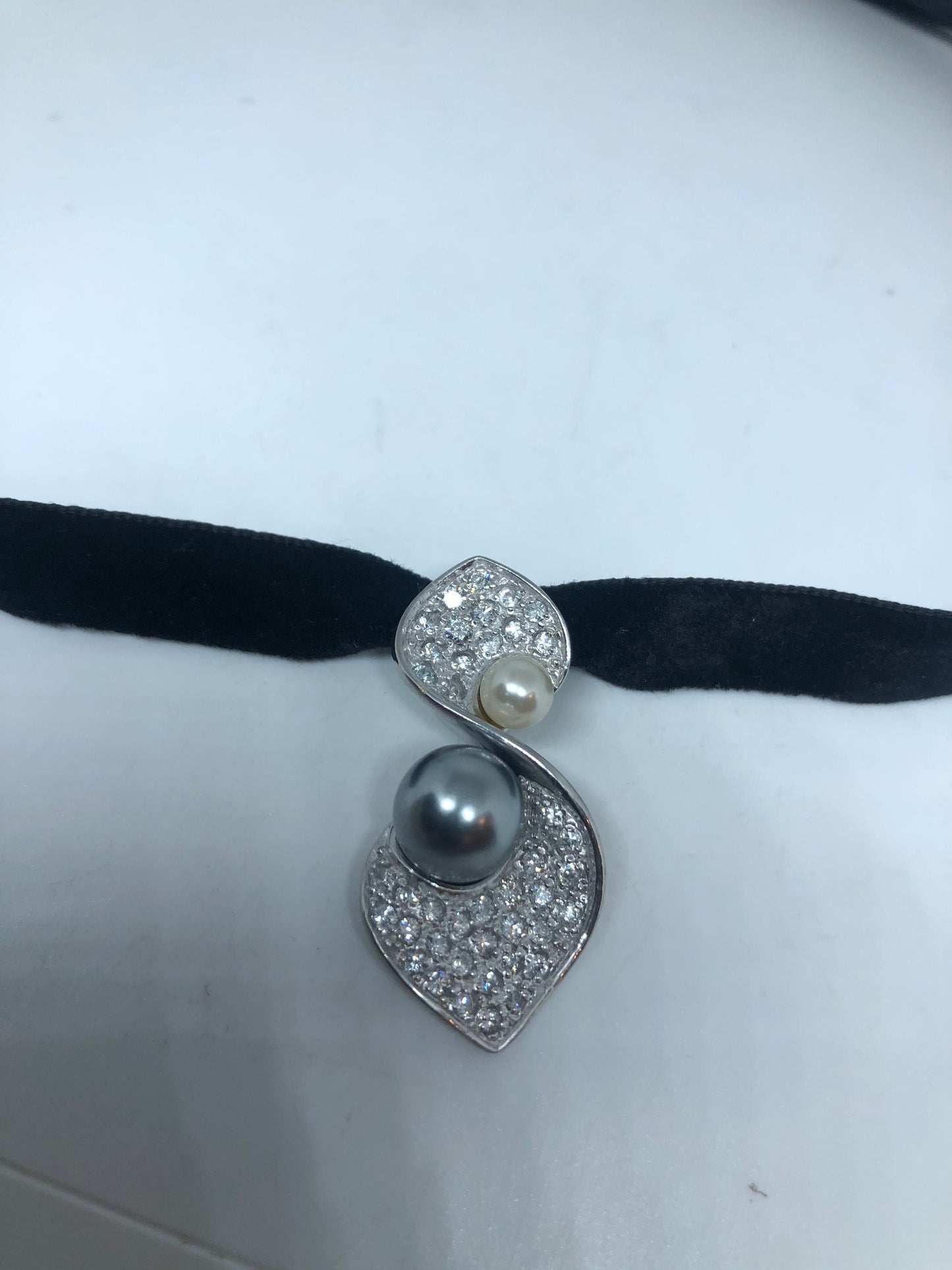 Vintage White Sapphire Pearl Choker 925 Sterling Silver Deco Pendant Necklace