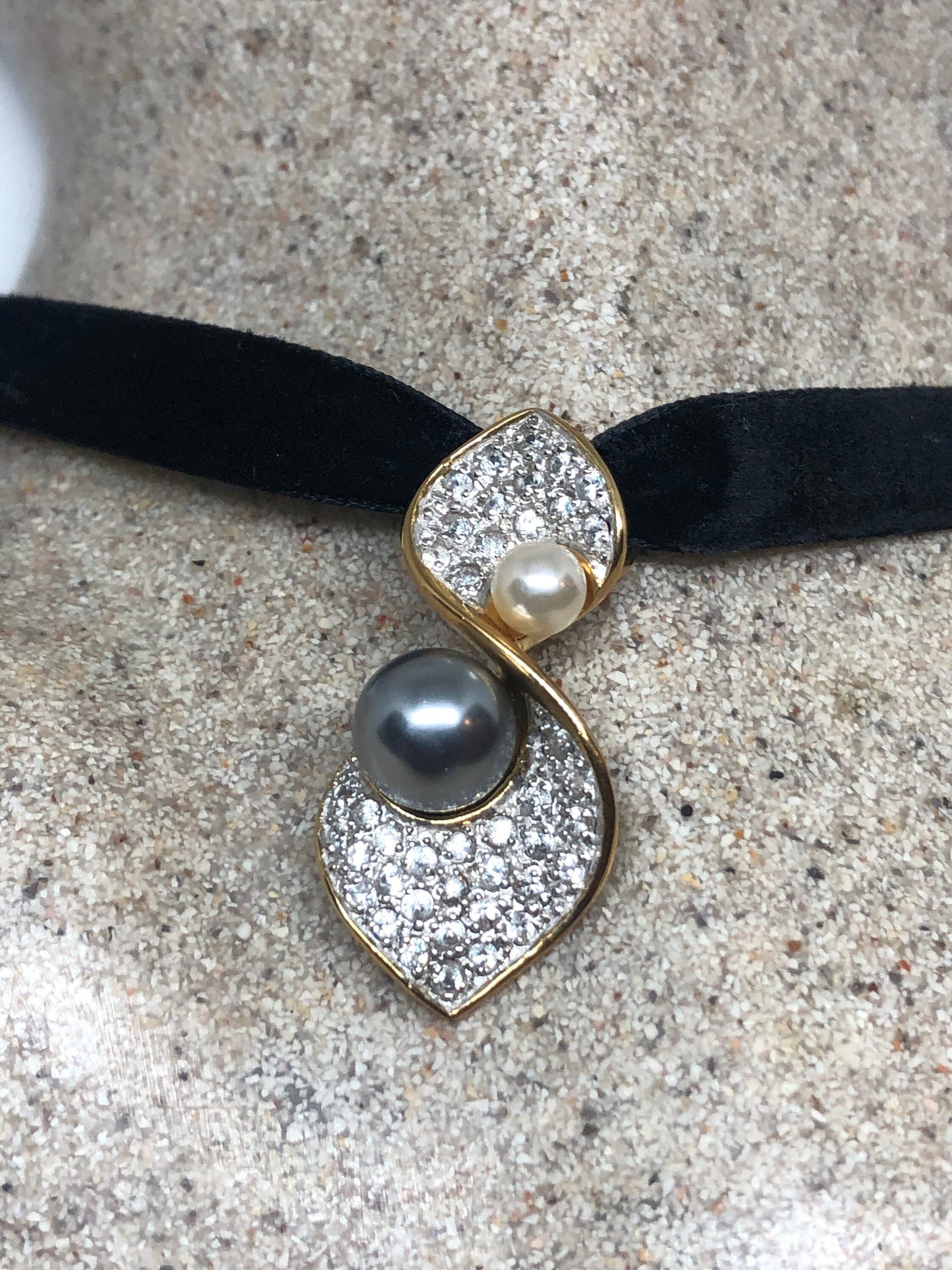 Vintage White Sapphire Pearl Choker Golden 925 Sterling Silver Deco Pendant Necklace