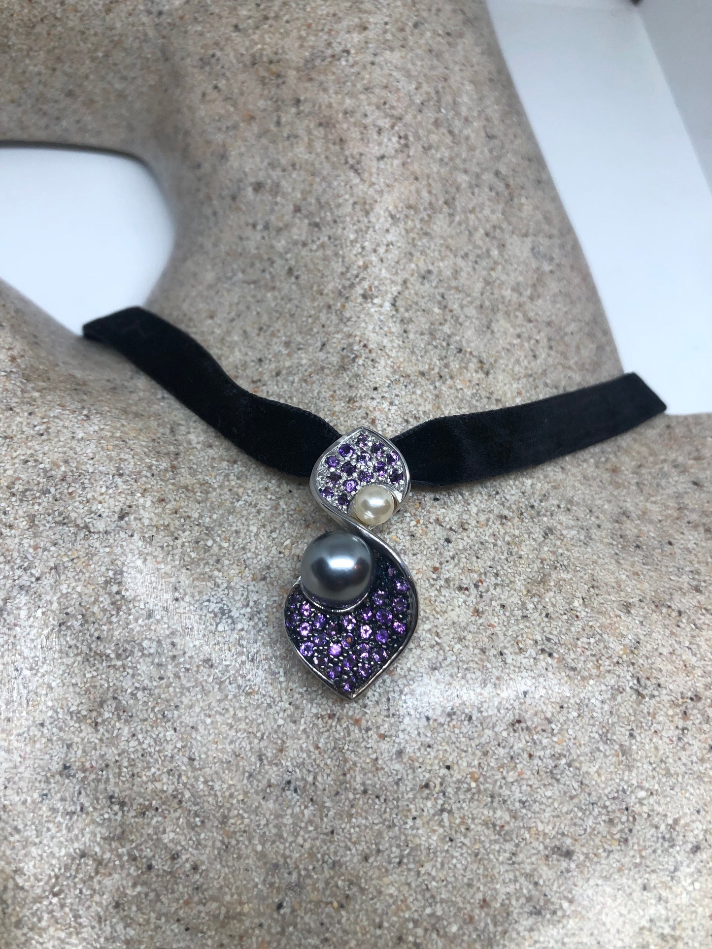 Vintage Amethyst Pearl Choker 925 Sterling Silver Deco Pendant Necklace