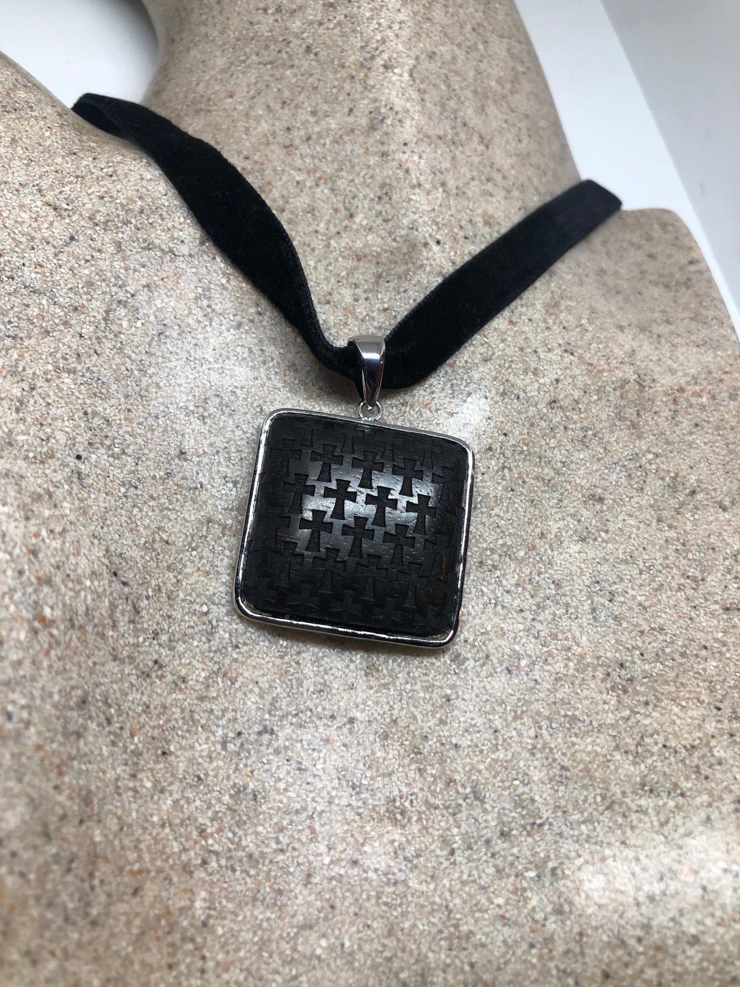 Vintage Cross Necklace, Sterling Silver Black Resin Choker