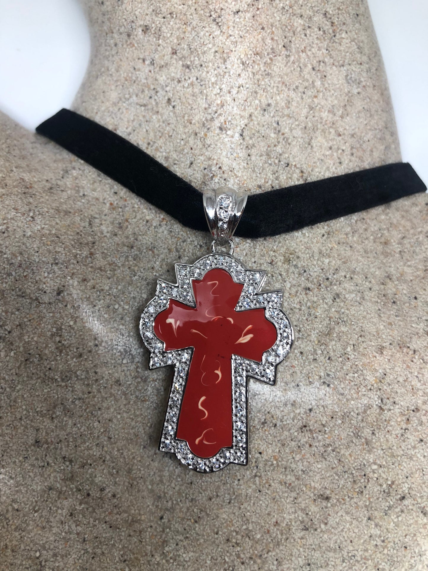 Vintage Cross Necklace, Sterling Silver Resin Choker