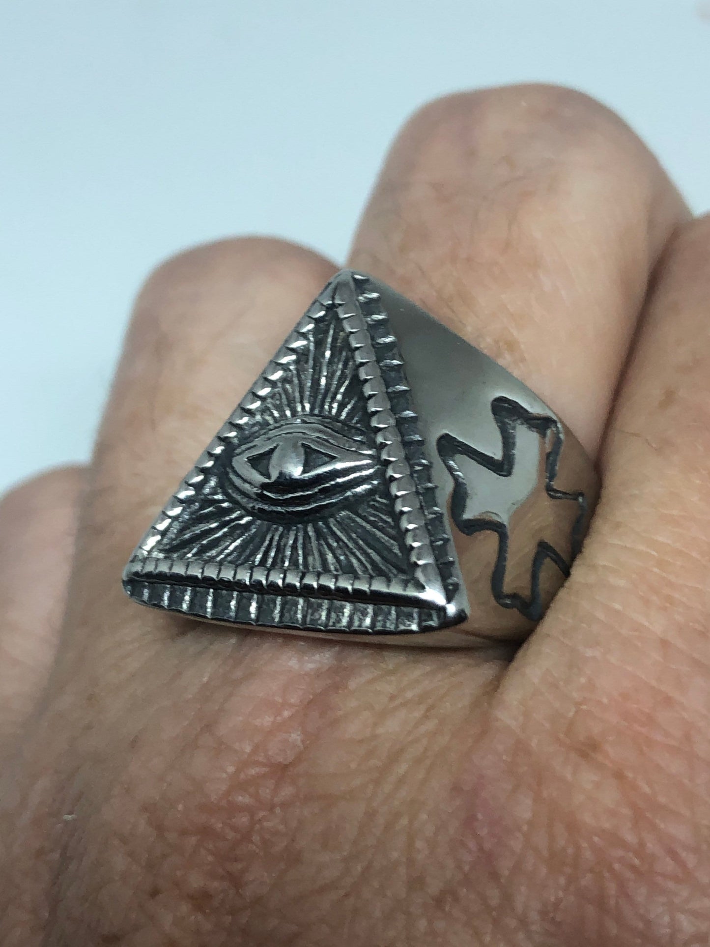 Vintage Gothic Stainless Steel Illuminati Eye Pyramid Mens Ring