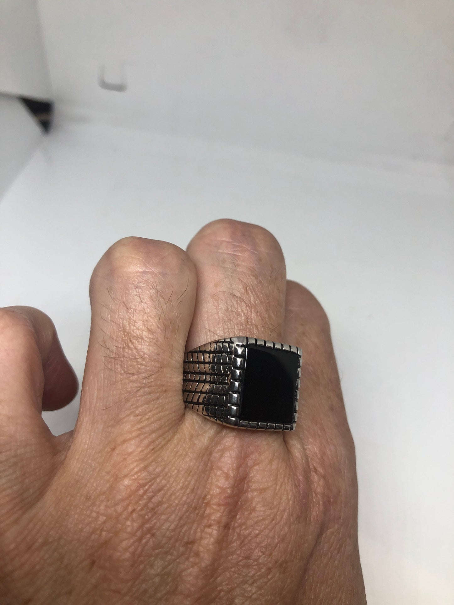 Vintage Gothic 925 Sterling Silver Genuine Black Onyx Mens Ring