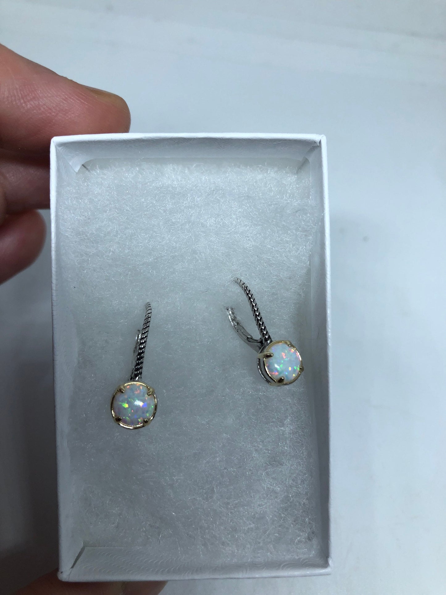 Vintage White Opal Earrings White Sapphire 925 Sterling Silver Dangle