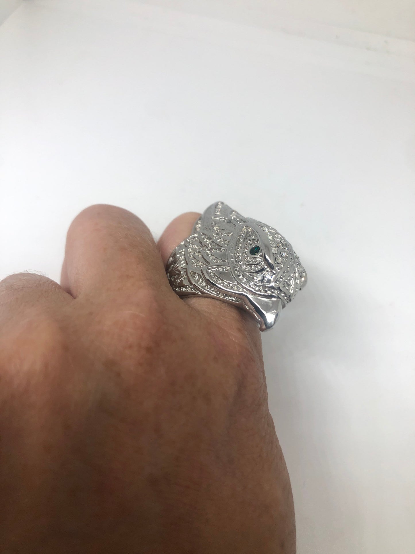 Vintage Native American Style Silver Stainless Steel Mens Hawk CZ Ring