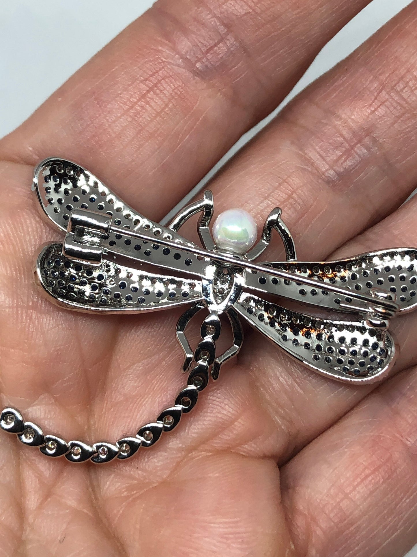 Vintage Blue Crystal Gothic Styled Silver Finished Dragonfly Necklace Broach