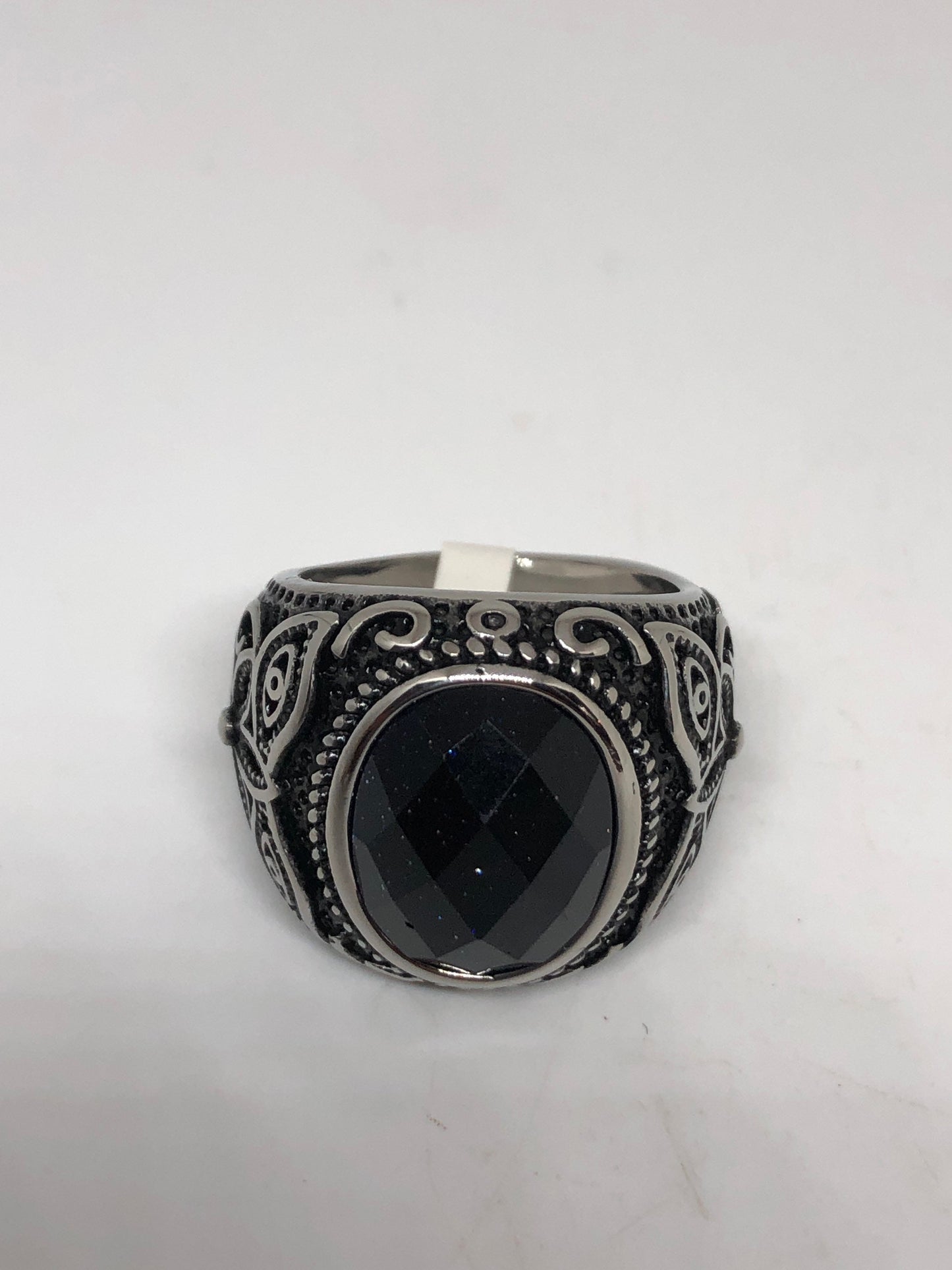 Vintage Gothic Black Goldstone Egyptian Silver Stainless Steel Mens Ring