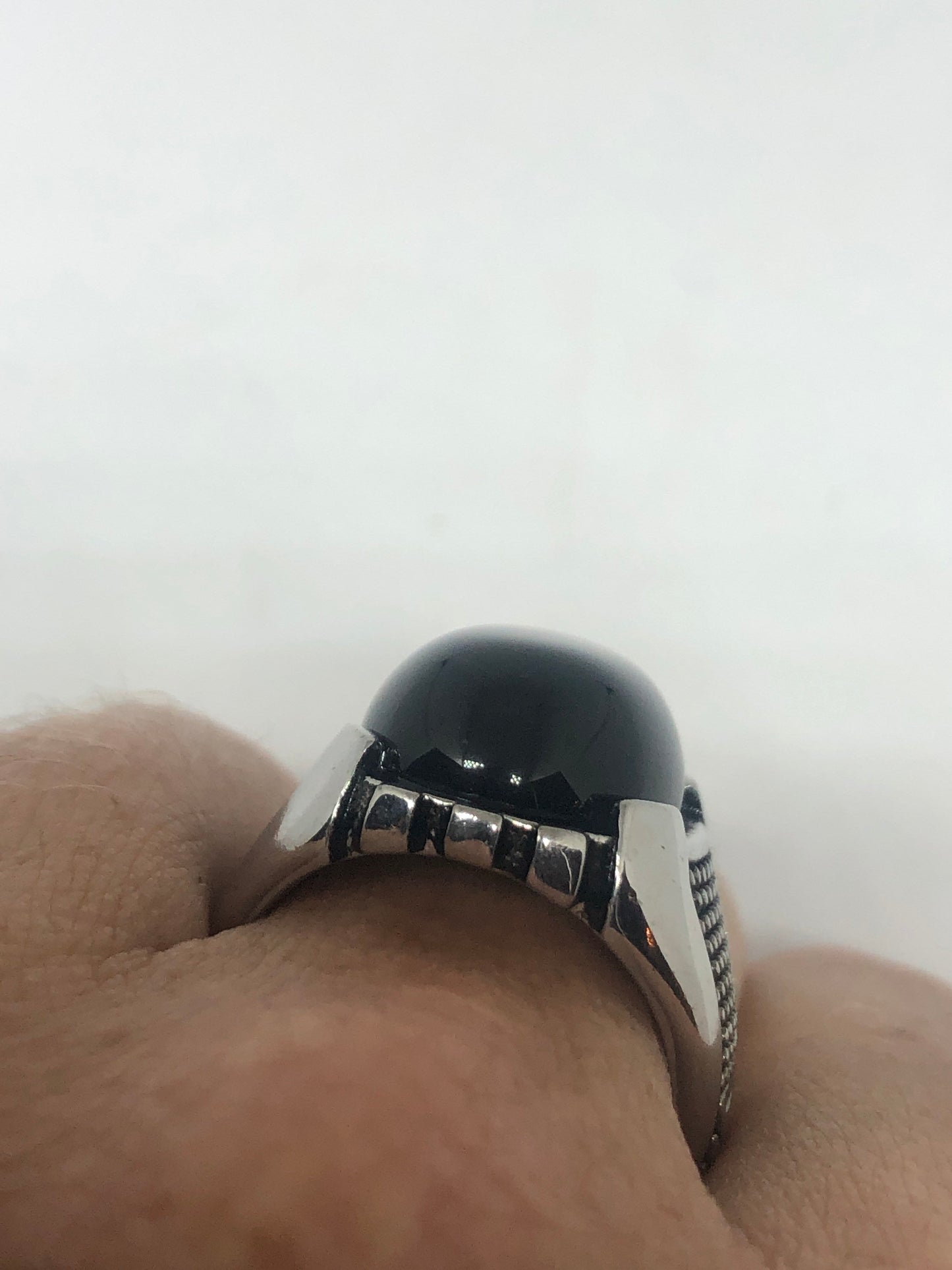 Vintage Gothic Black Onyx Egyptian Stainless Steel Mens Ring