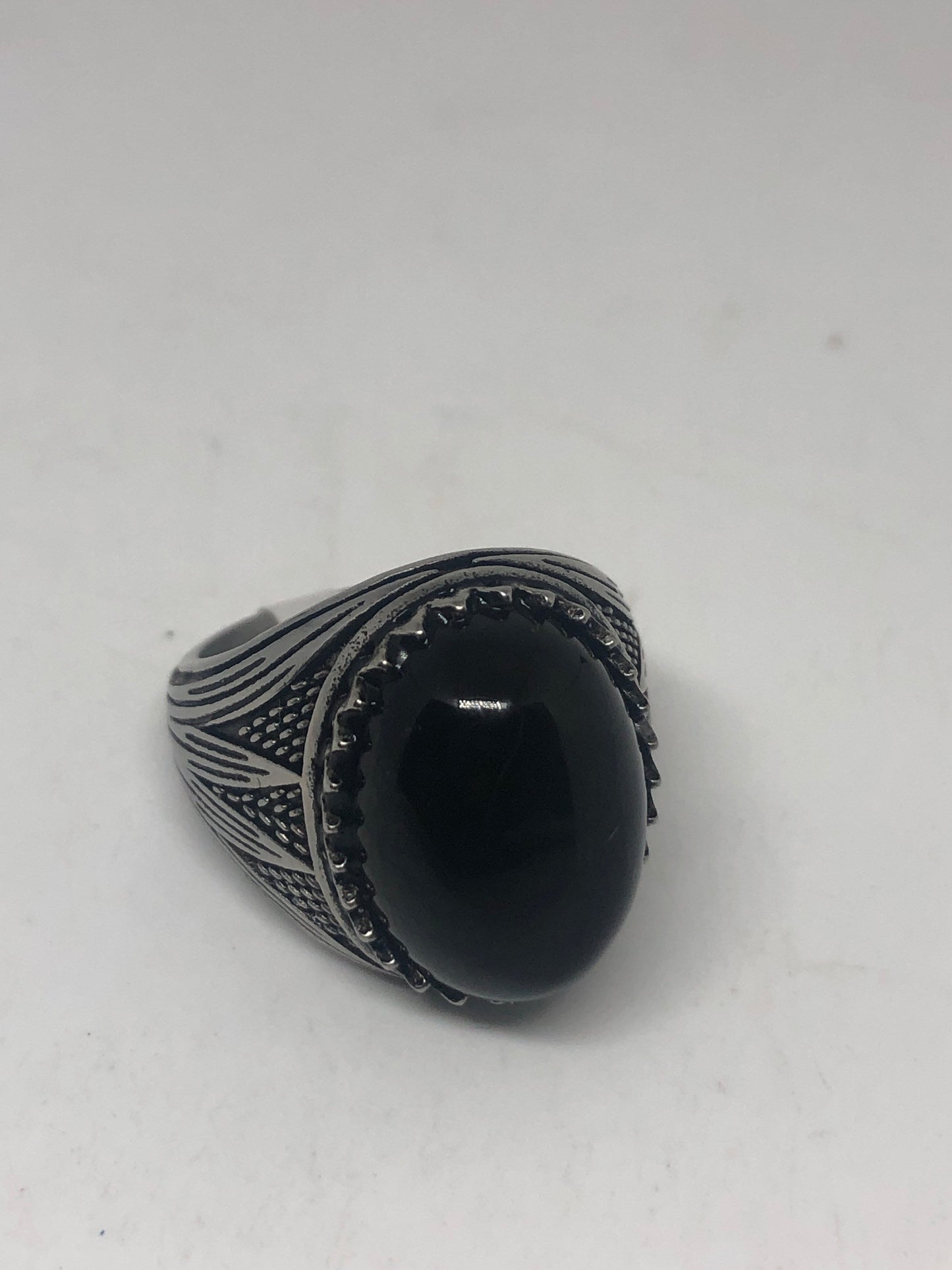 Vintage Gothic Black Onyx Egyptian Stainless Steel Mens Ring