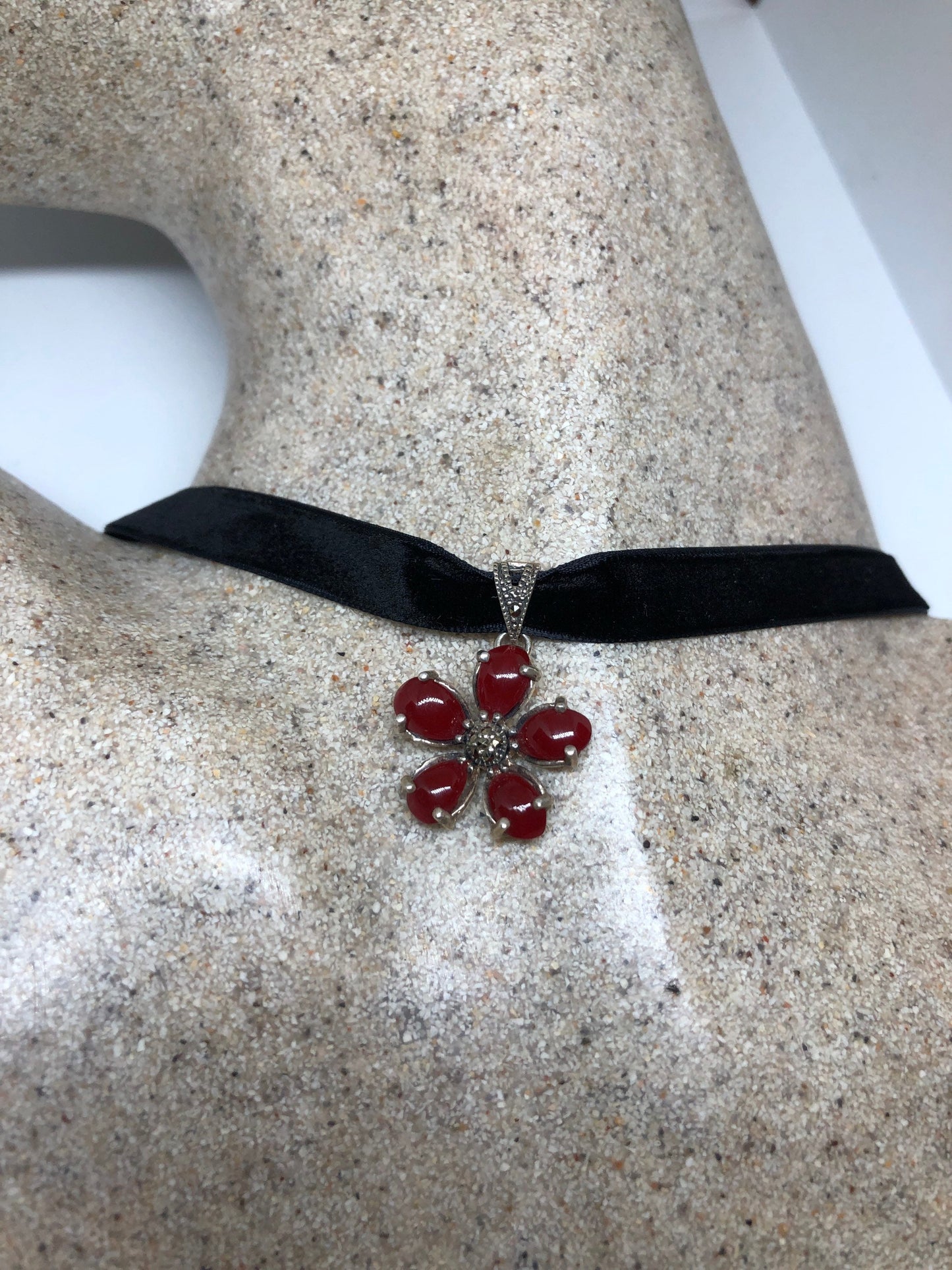 Vintage Flower Necklace, Sterling Silver Marcasite Carnelian Choker