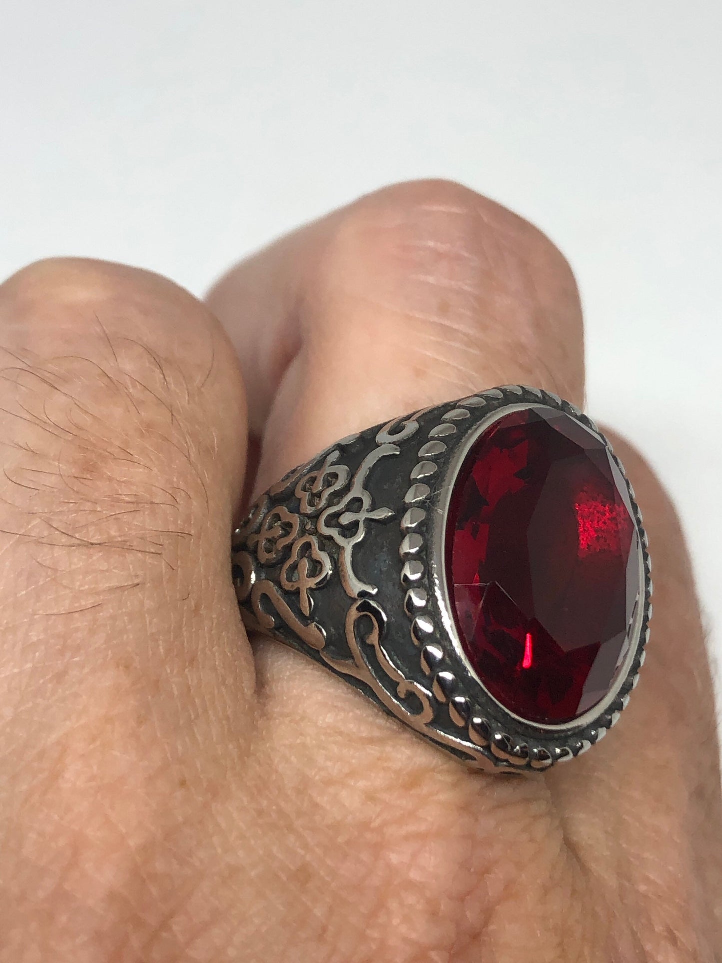 Vintage Red Ruby Glass Mens Ring Stainless Steel
