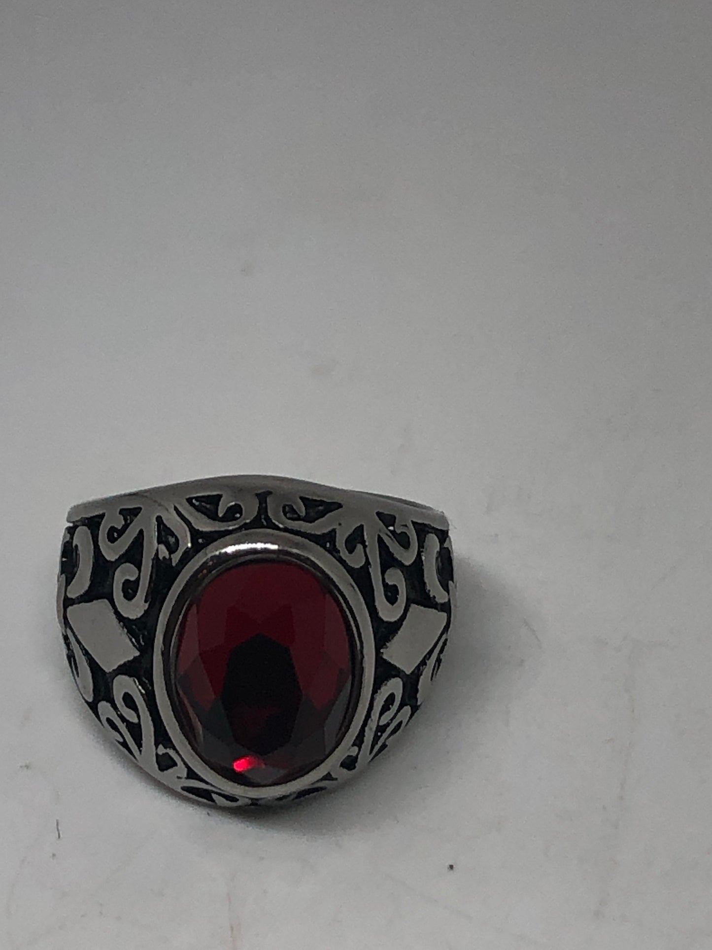Vintage Red Ruby Glass Mens Ring Stainless Steel