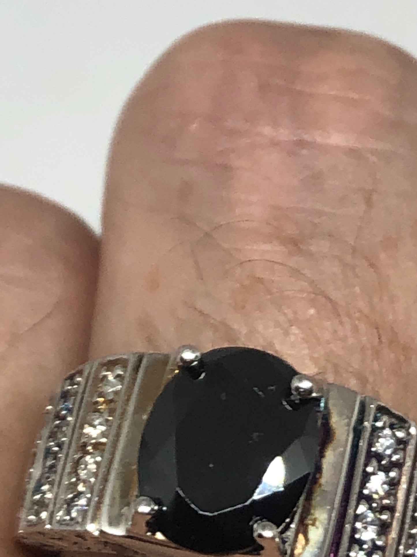 Vintage Black Onyx Clear White Sapphire 925 Sterling Silver Cocktail Ring Size 8.25