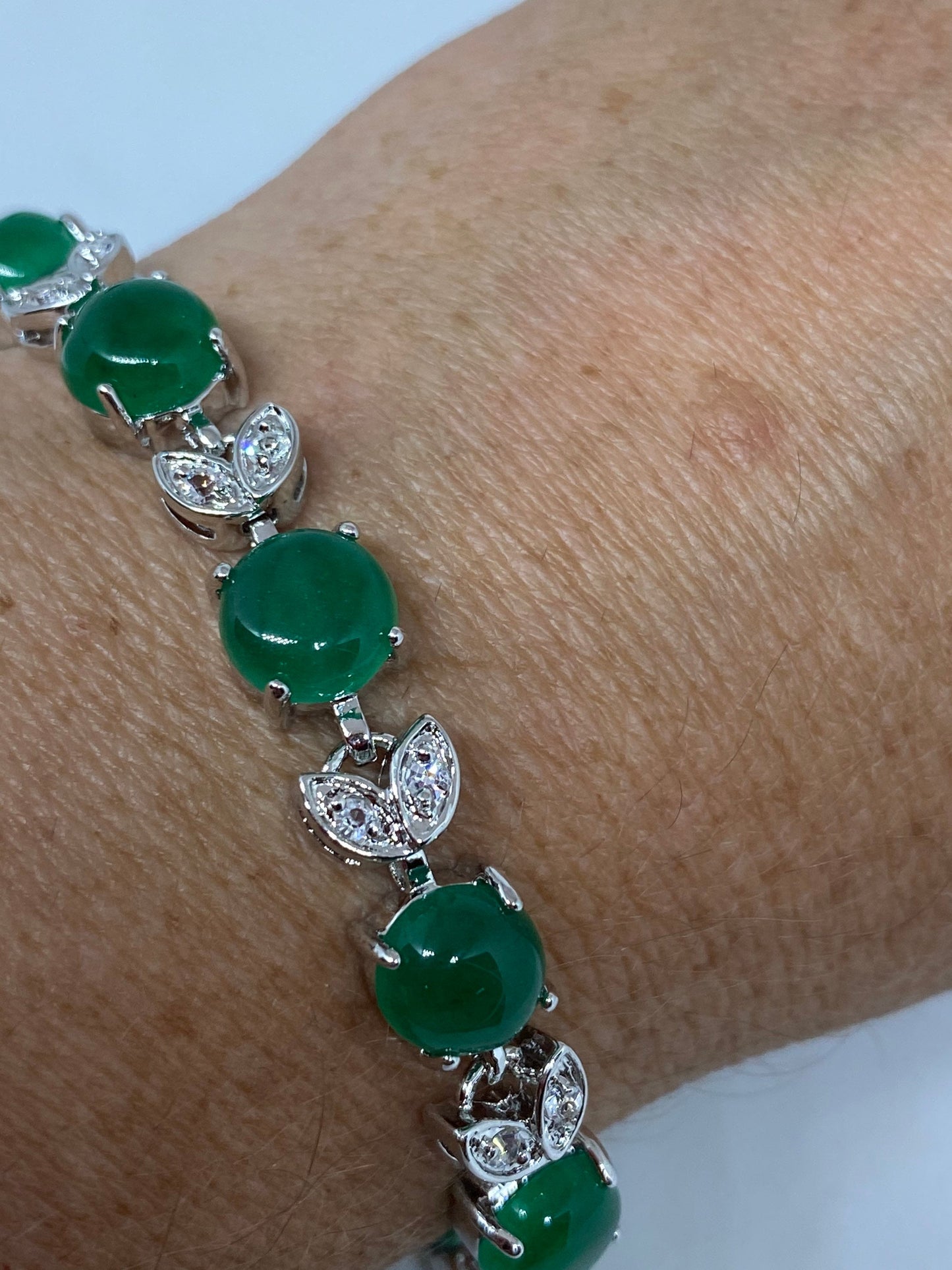 Vintage Green Jade Bracelet Silver White Bronze