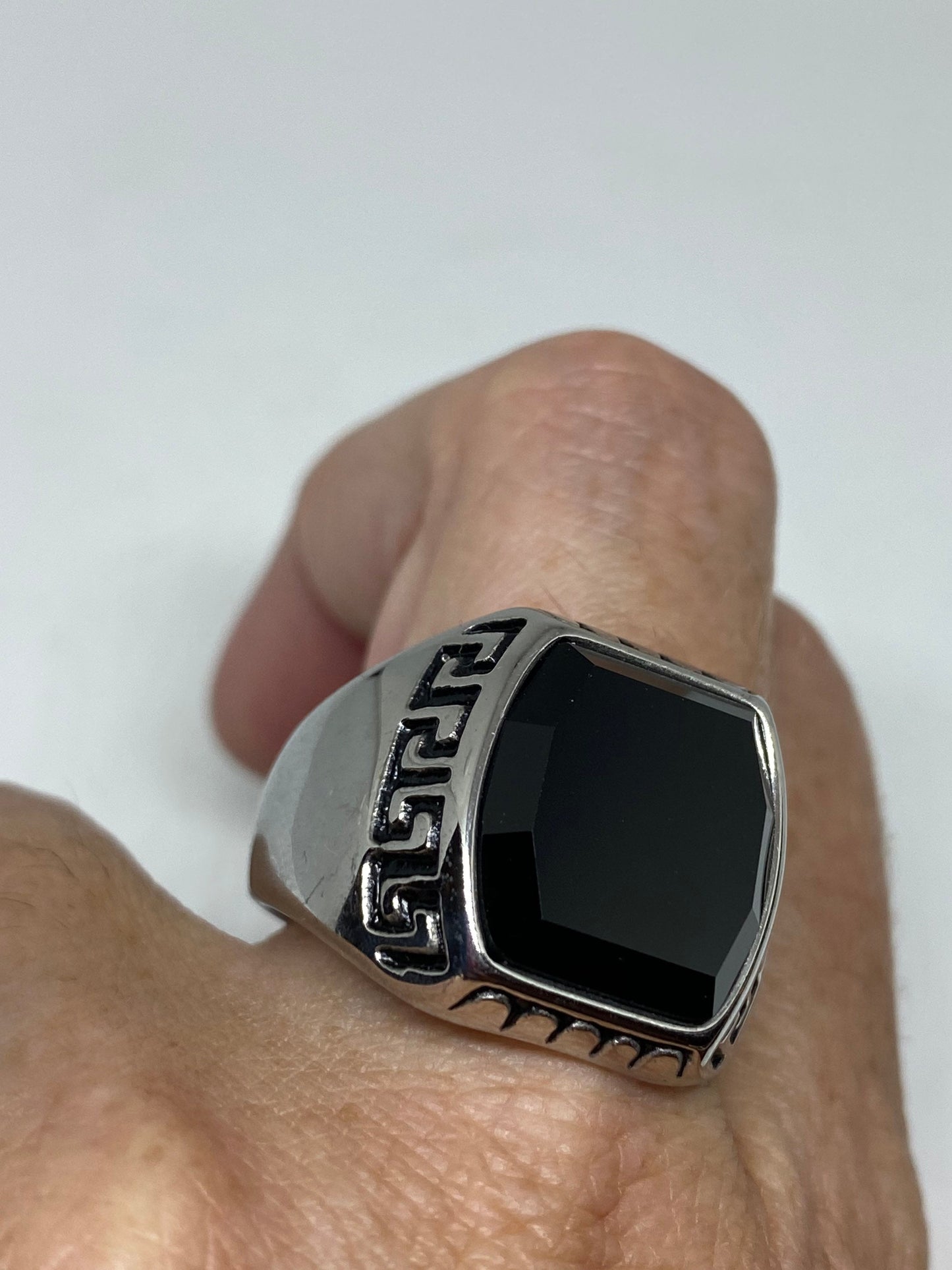 Vintage Gothic Black Onyx Stainless Steel Mens Ring